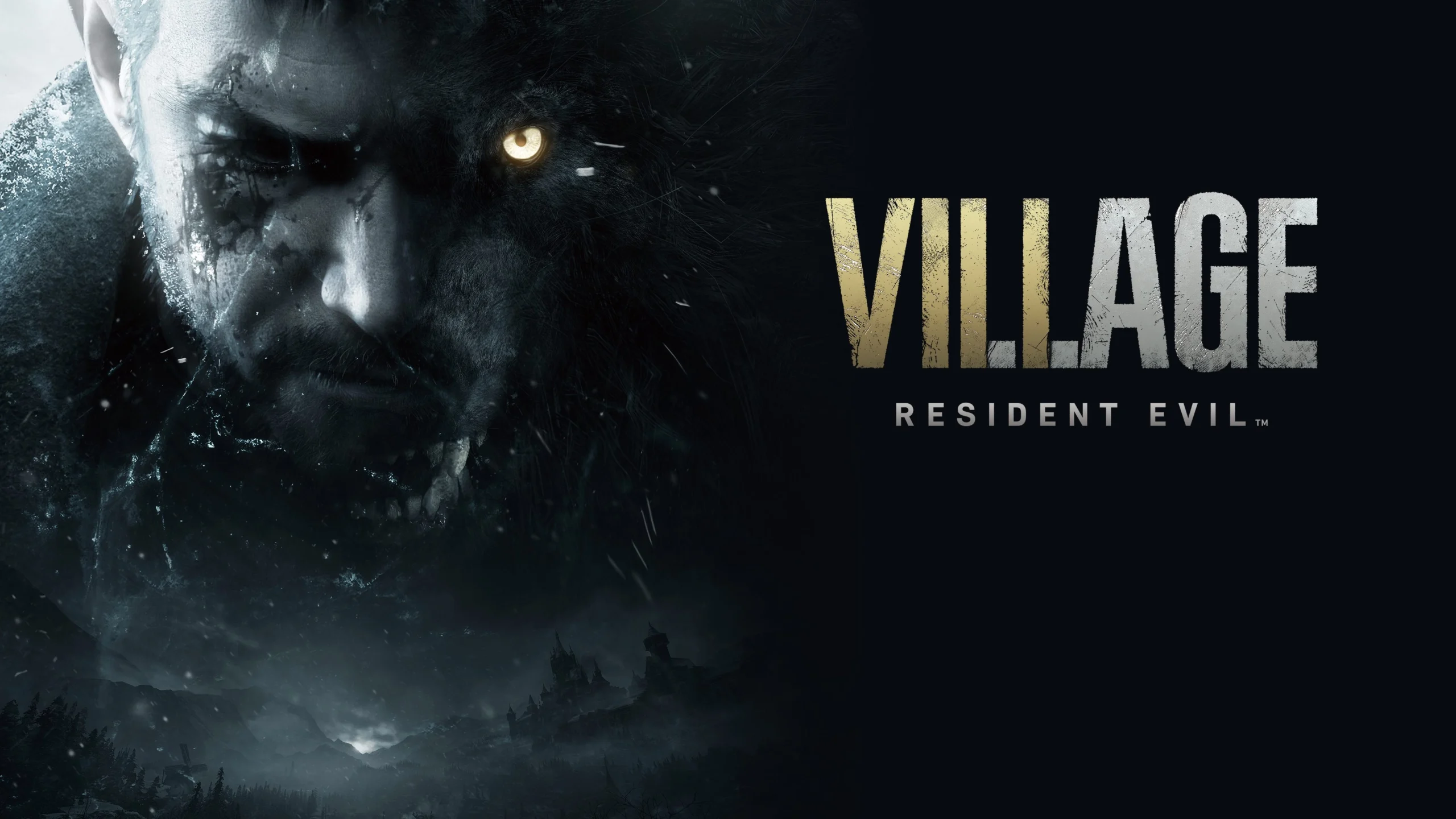 Ethan Winters with a glowing eye in a dark, eerie setting, promoting Resident Evil Village game release