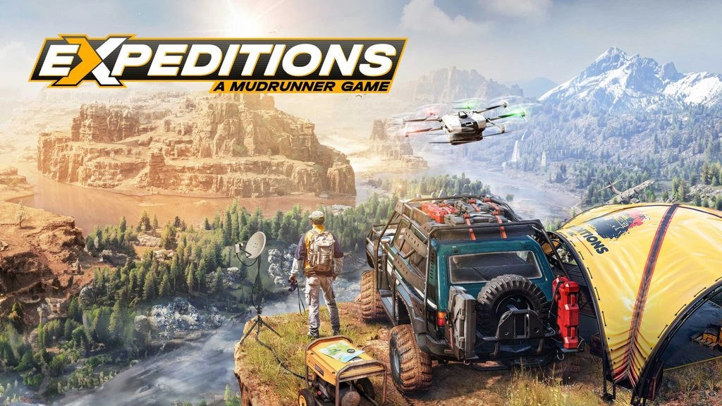 A rugged off-road vehicle and drone overlook a vast canyon landscape in Expeditions: A MudRunner Game