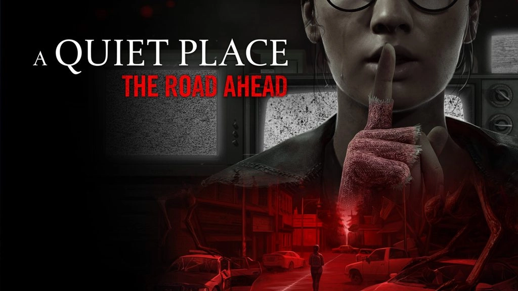 A person with a finger to their lips, surrounded by eerie red-lit streets and abandoned cars