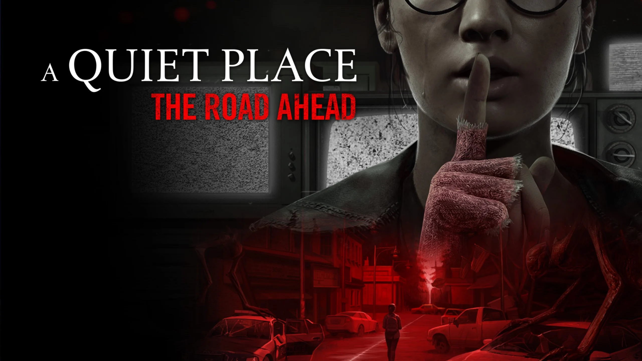 A person holding a finger to their lips, with a red-tinted cityscape and cars in the background