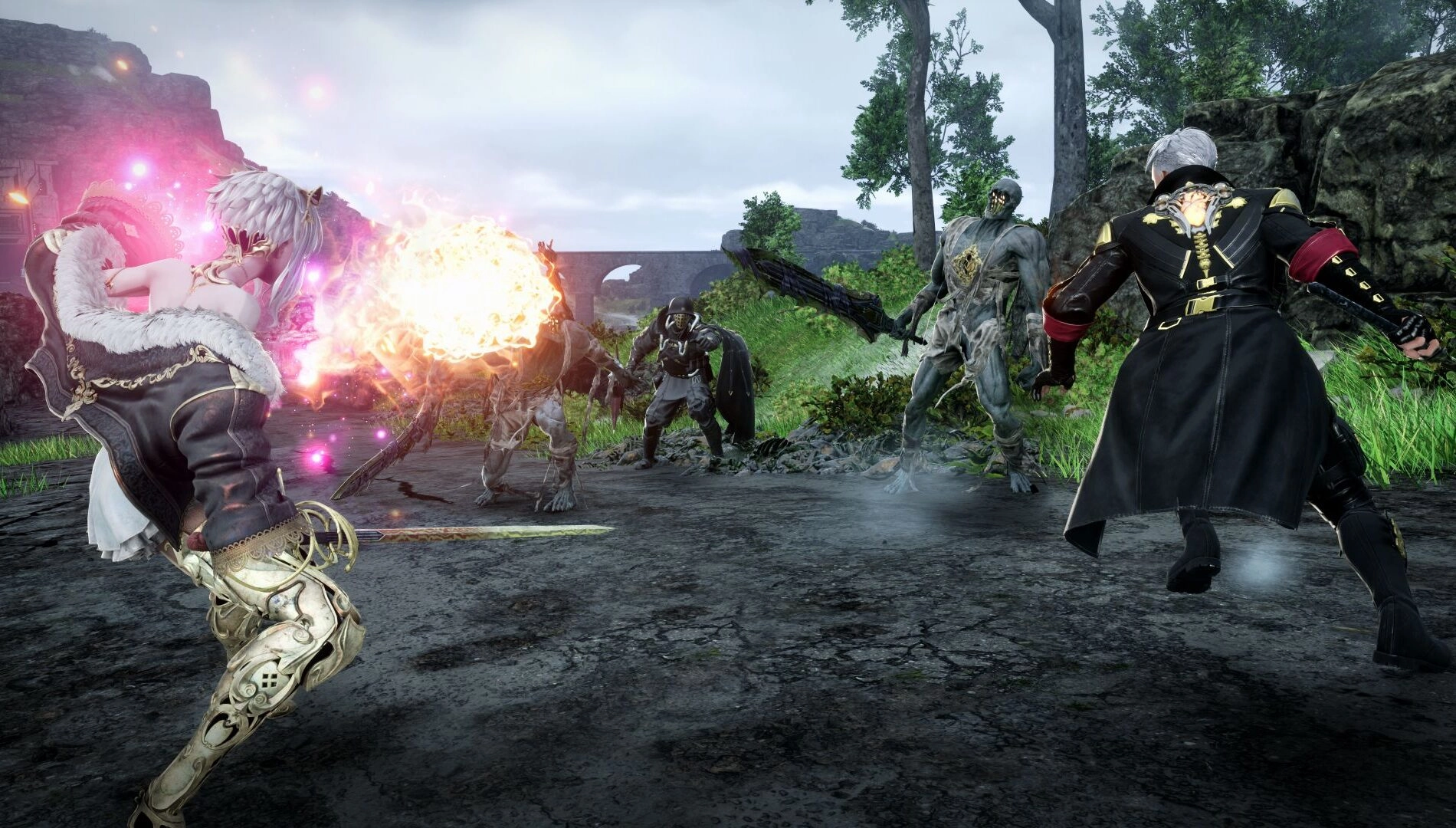 Two characters in combat with creatures, one casting a fiery spell, the other wielding a sword in a forest setting