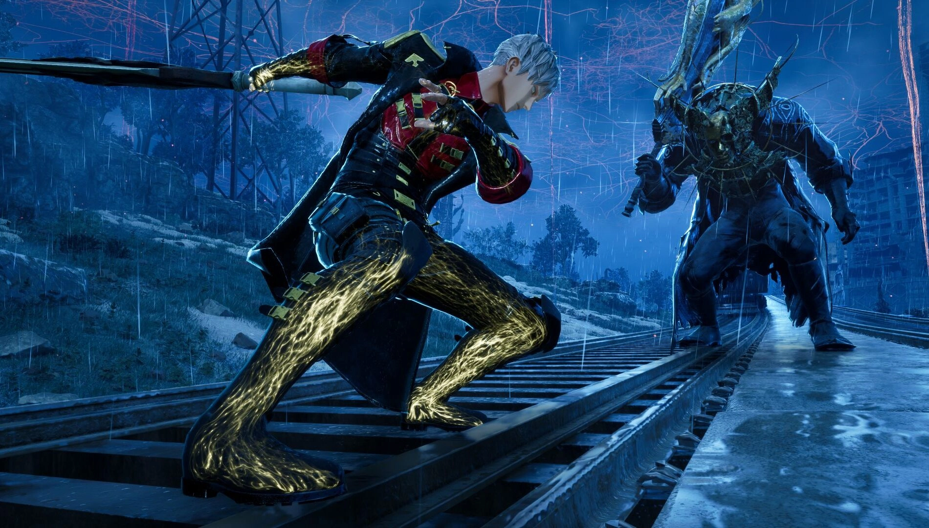 A Revenant Hunter battles a monstrous foe on train tracks, showcasing dynamic combat in a dark, stormy setting