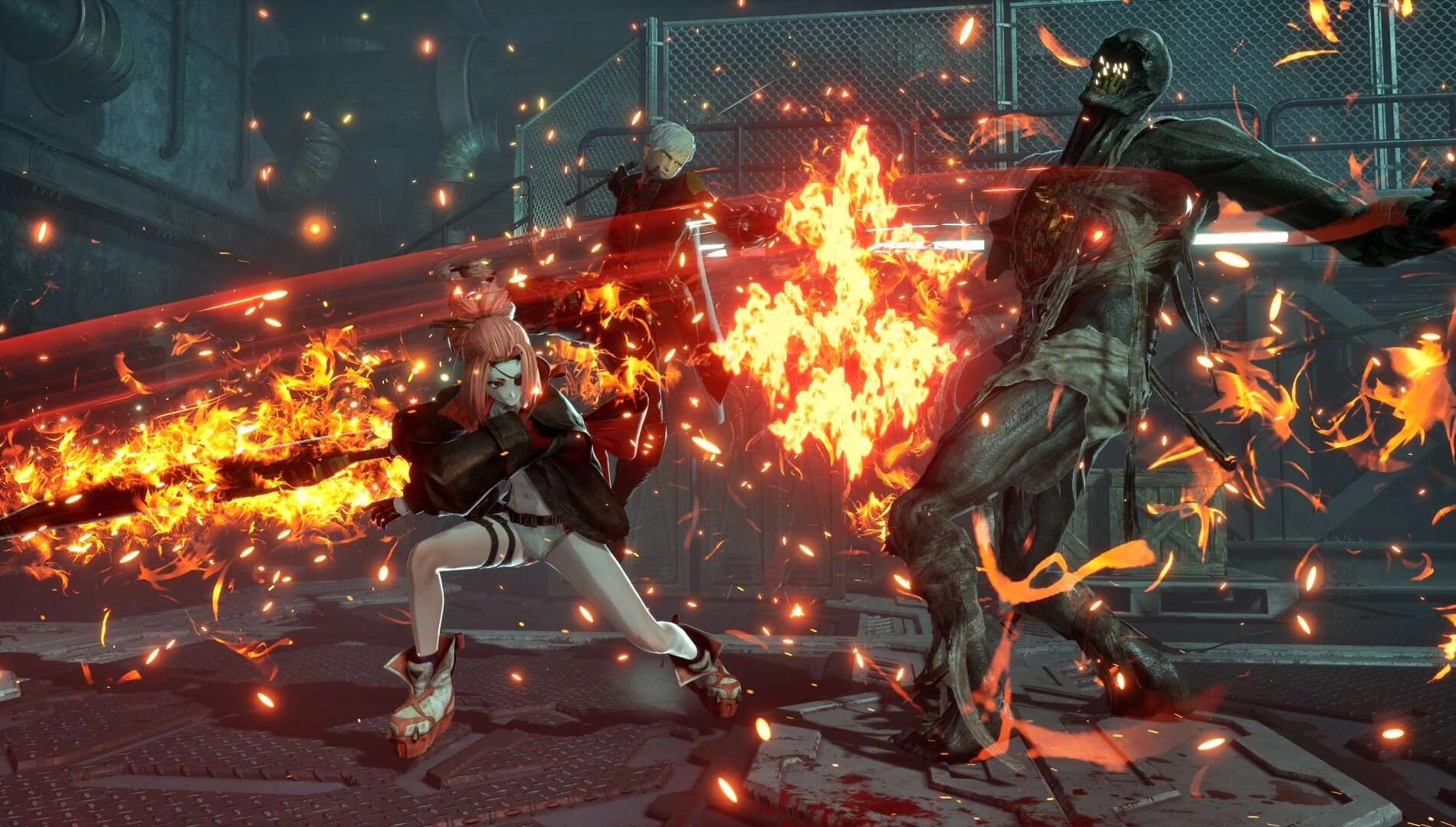 A fierce battle scene with a character wielding a fiery sword against a monstrous enemy in Code Vein II