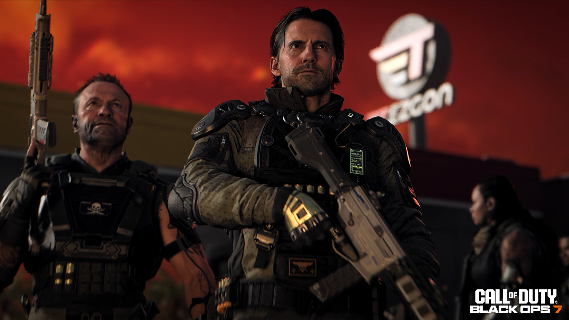 Two tactical soldiers prepare for action in Call of Duty: Black Ops 7, set against a dramatic sunset backdrop.