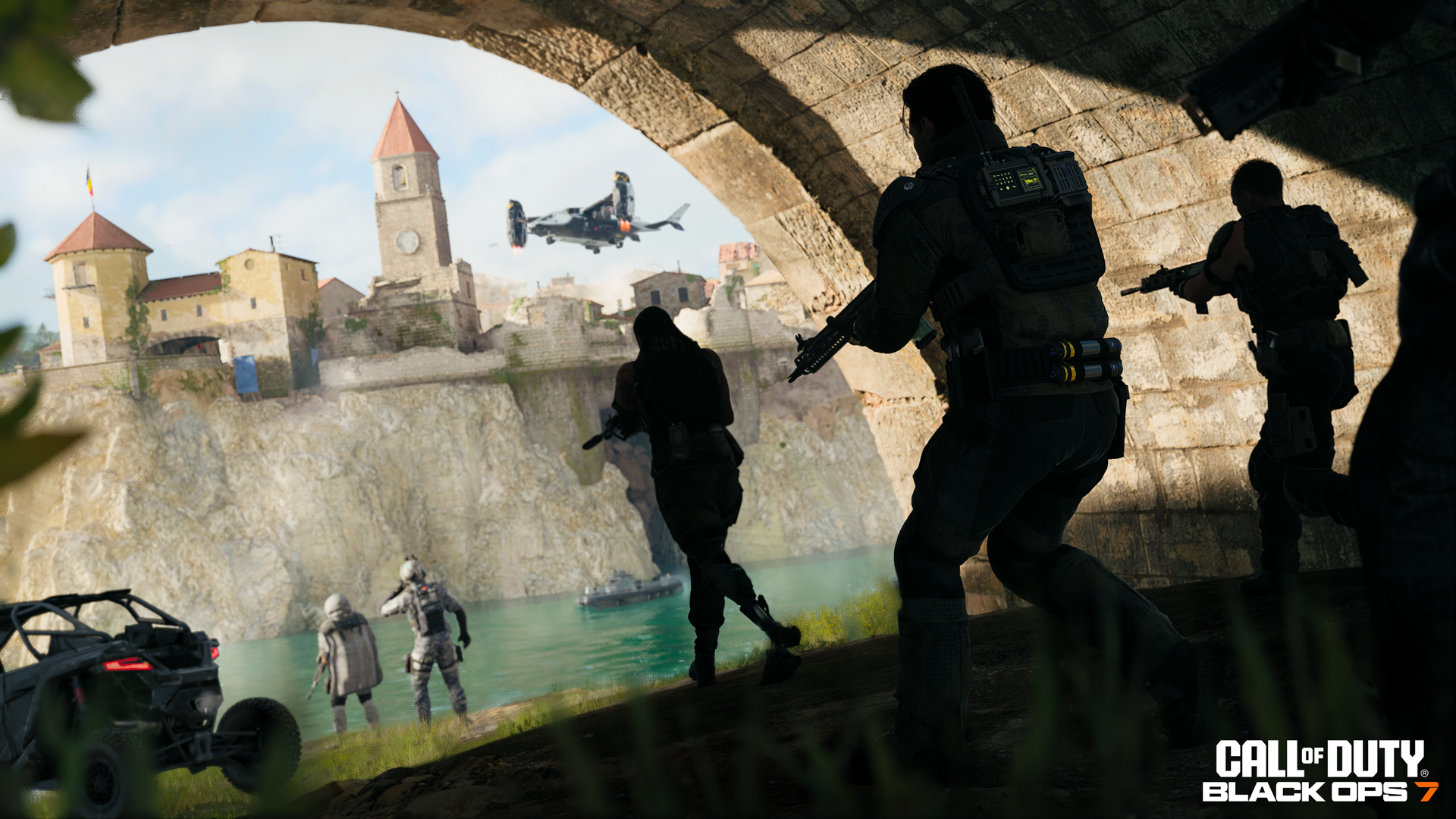 Gameplay scene from Call of Duty: Black Ops 7 showcasing players in a co-op mission near a fortified castle.