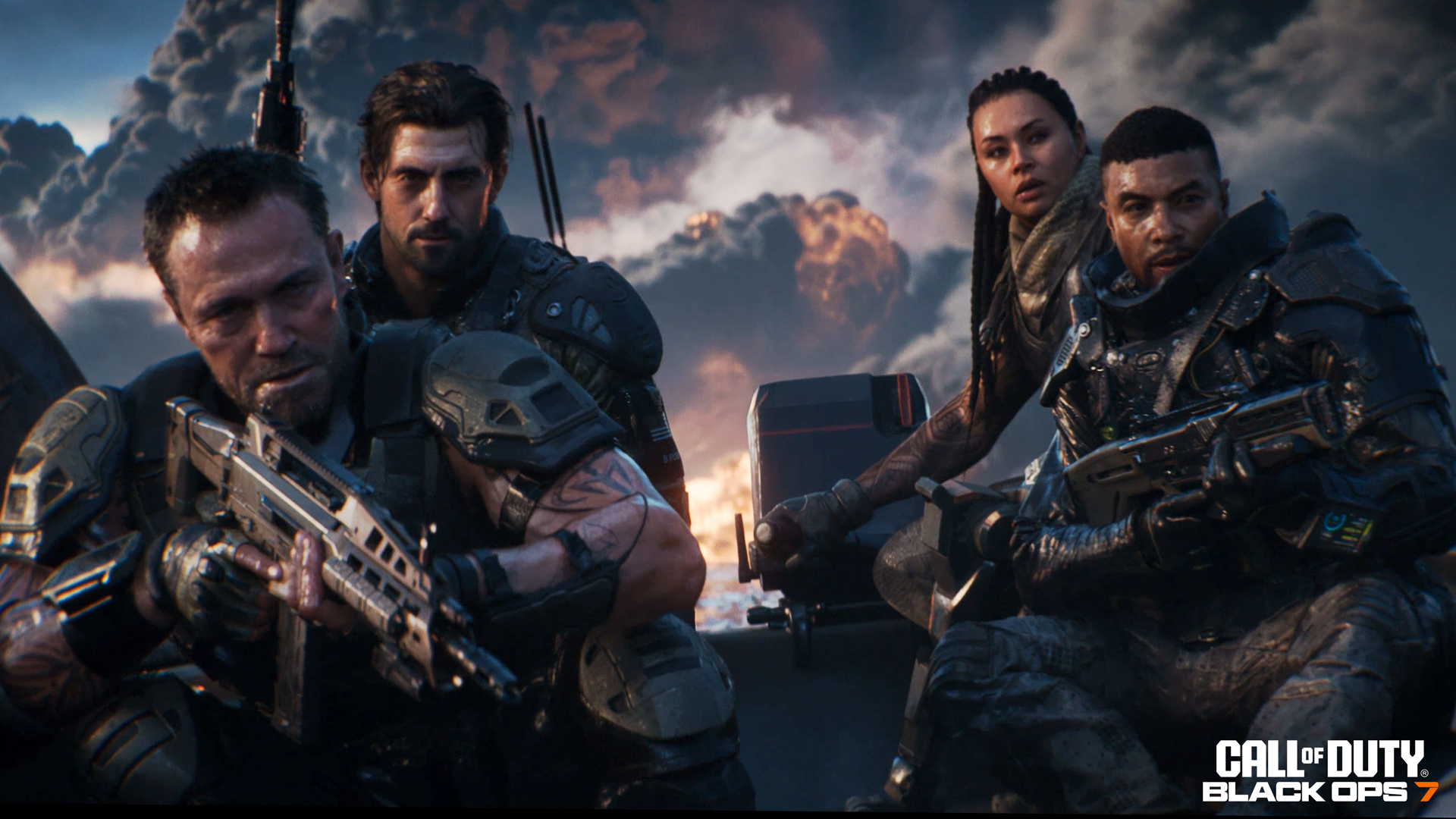 Four soldiers in futuristic gear prepare for battle in an intense, action-packed scene from the Call of Duty franchise.