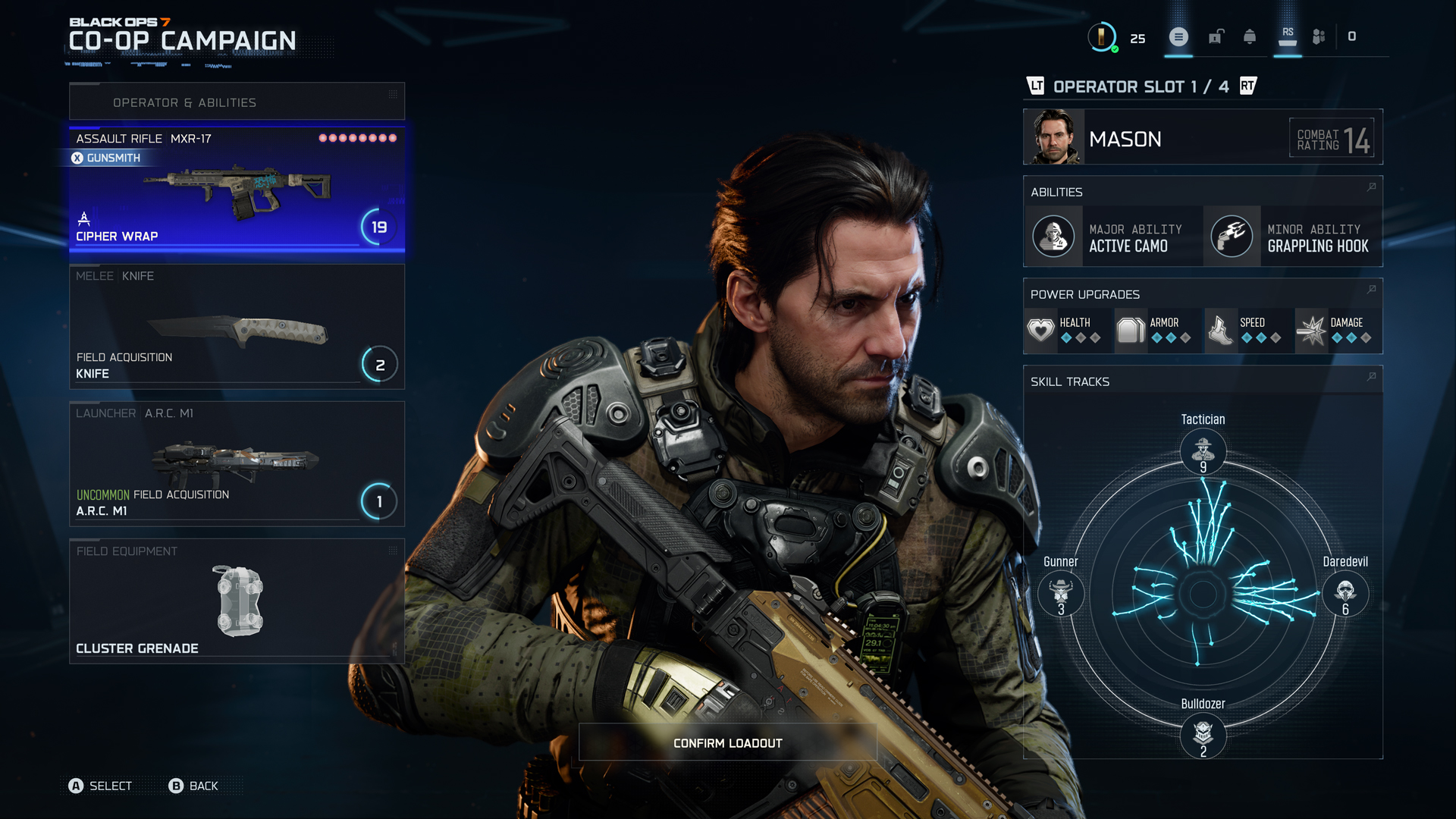 Co-Op Campaign character customization screen showcasing operator Mason in Call of Duty with gear and abilities.