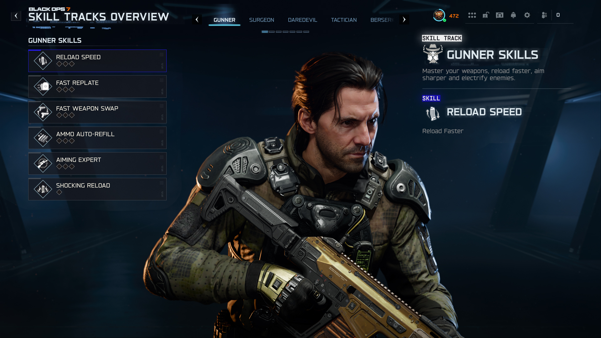 Character overview from Co-Op Campaign in Advanced Intel, showcasing Gunner skill tracks and weapon mastery options.