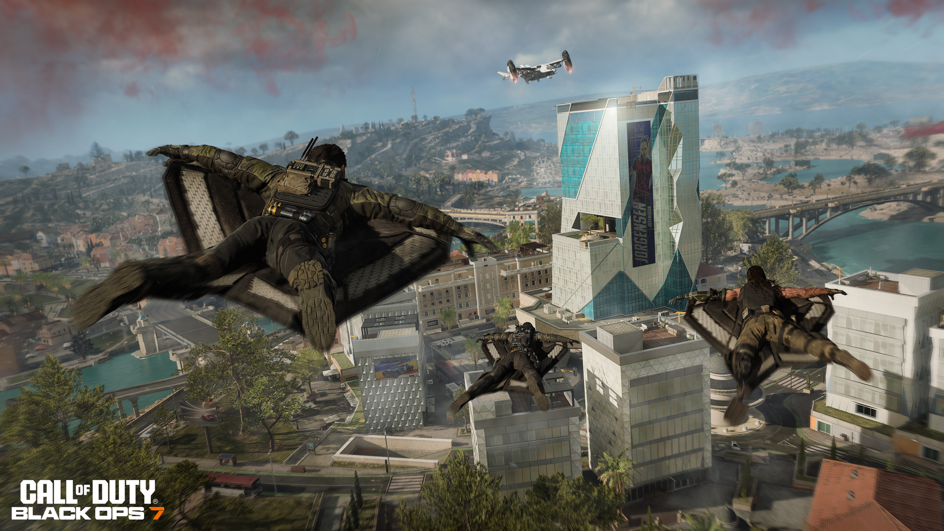 Two soldiers in tactical gear parachuting over a cityscape in Call of Duty: Black Ops 7 Co-Op Campaign.