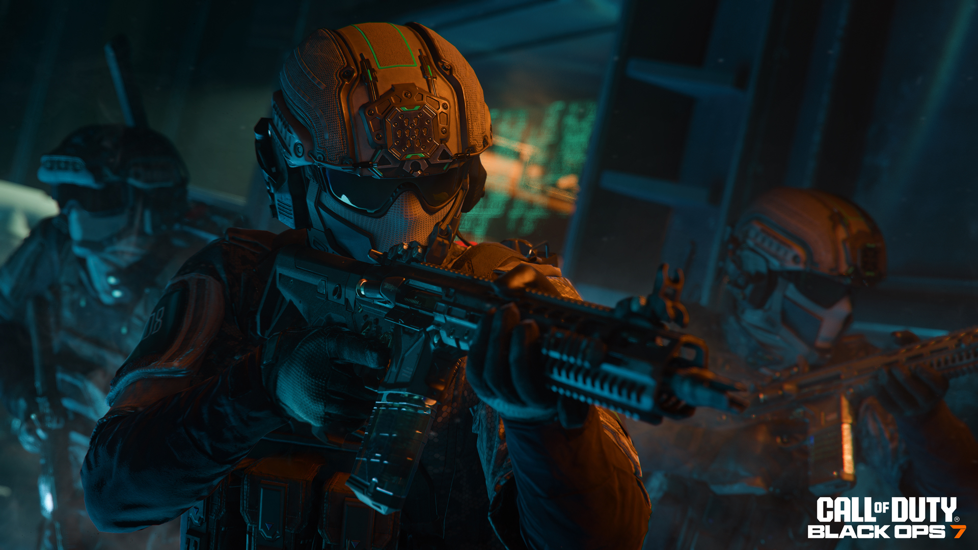 Call of Duty: Black Ops 7 soldiers in tactical gear preparing for a Co-Op Campaign mission in a high-tech environment.