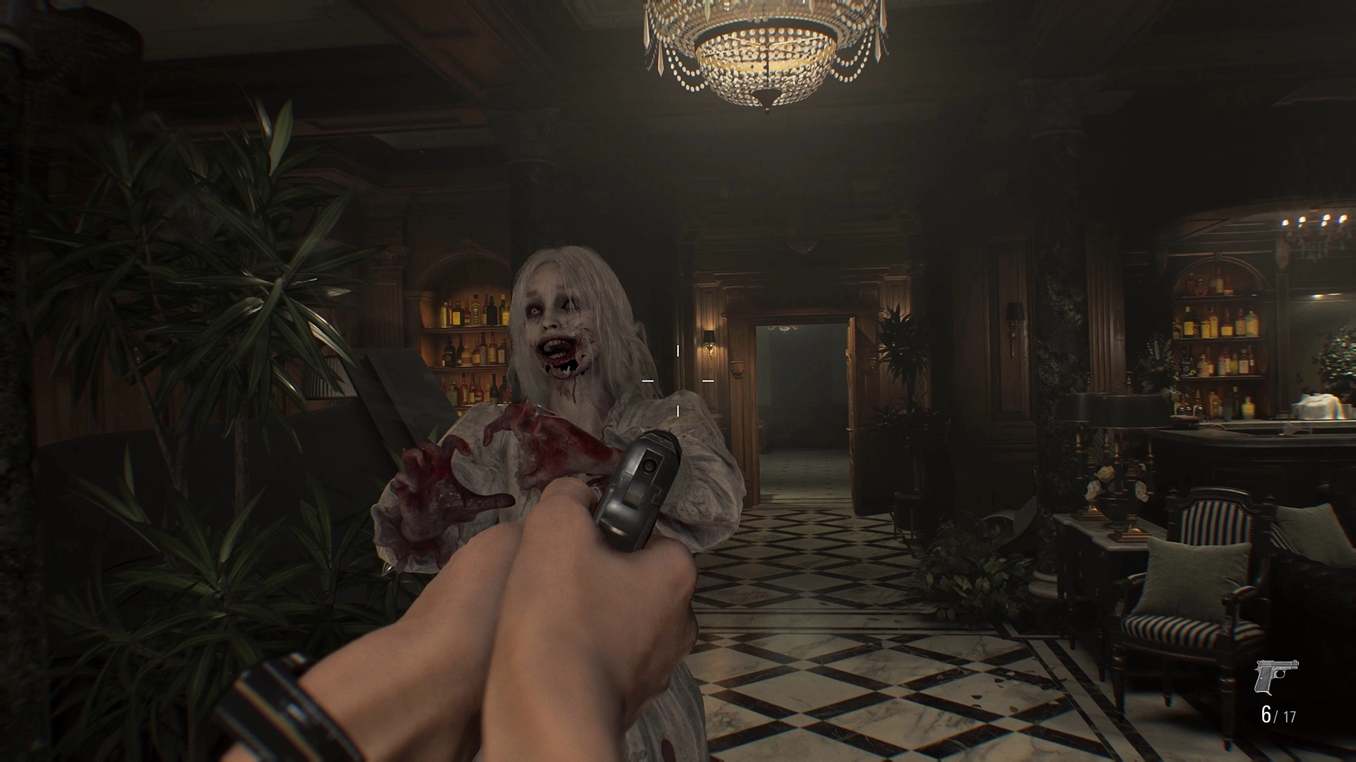 A player aims a gun at a zombie in a dimly lit, elegant mansion setting in Resident Evil Requiem