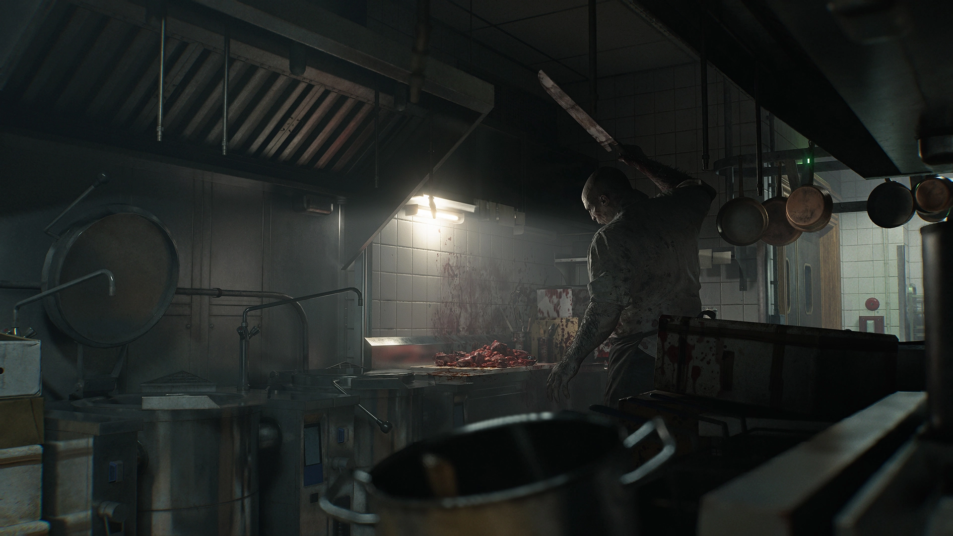 A zombie chef wielding a cleaver in a dimly lit, blood-splattered kitchen, evoking horror atmosphere