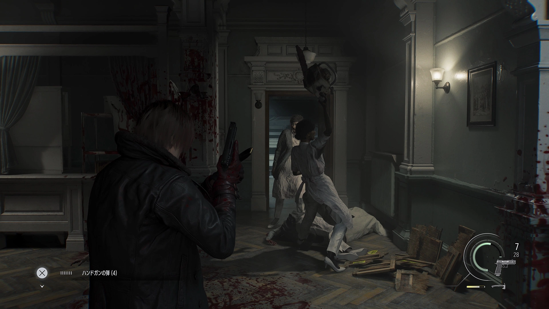 A tense scene with Leon aiming a gun at zombies in a dimly lit, blood-splattered hallway
