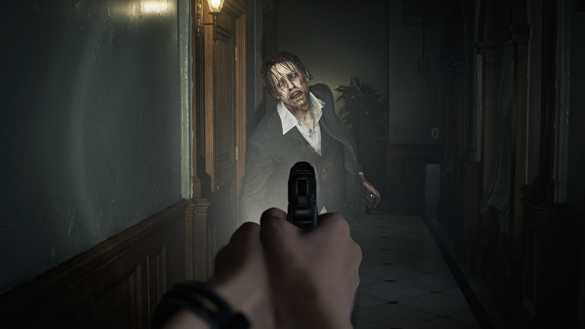 A player aims a handgun at a zombie in a dimly lit hallway, capturing the tense atmosphere of Resident Evil Requiem