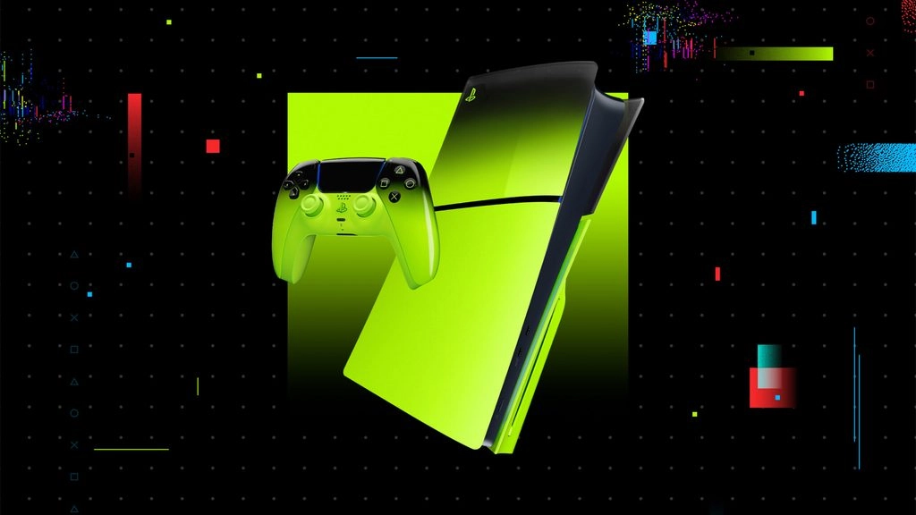 Hyperpop Collection: Vibrant DualSense controllers and PS5 covers in neon colors for an eye-catching gaming setup.
