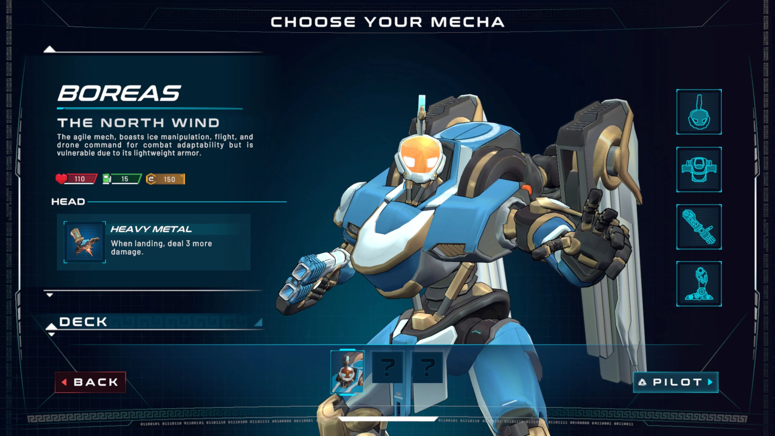 A blue and white mech with orange visor stands ready, showcasing its heavy metal head card ability