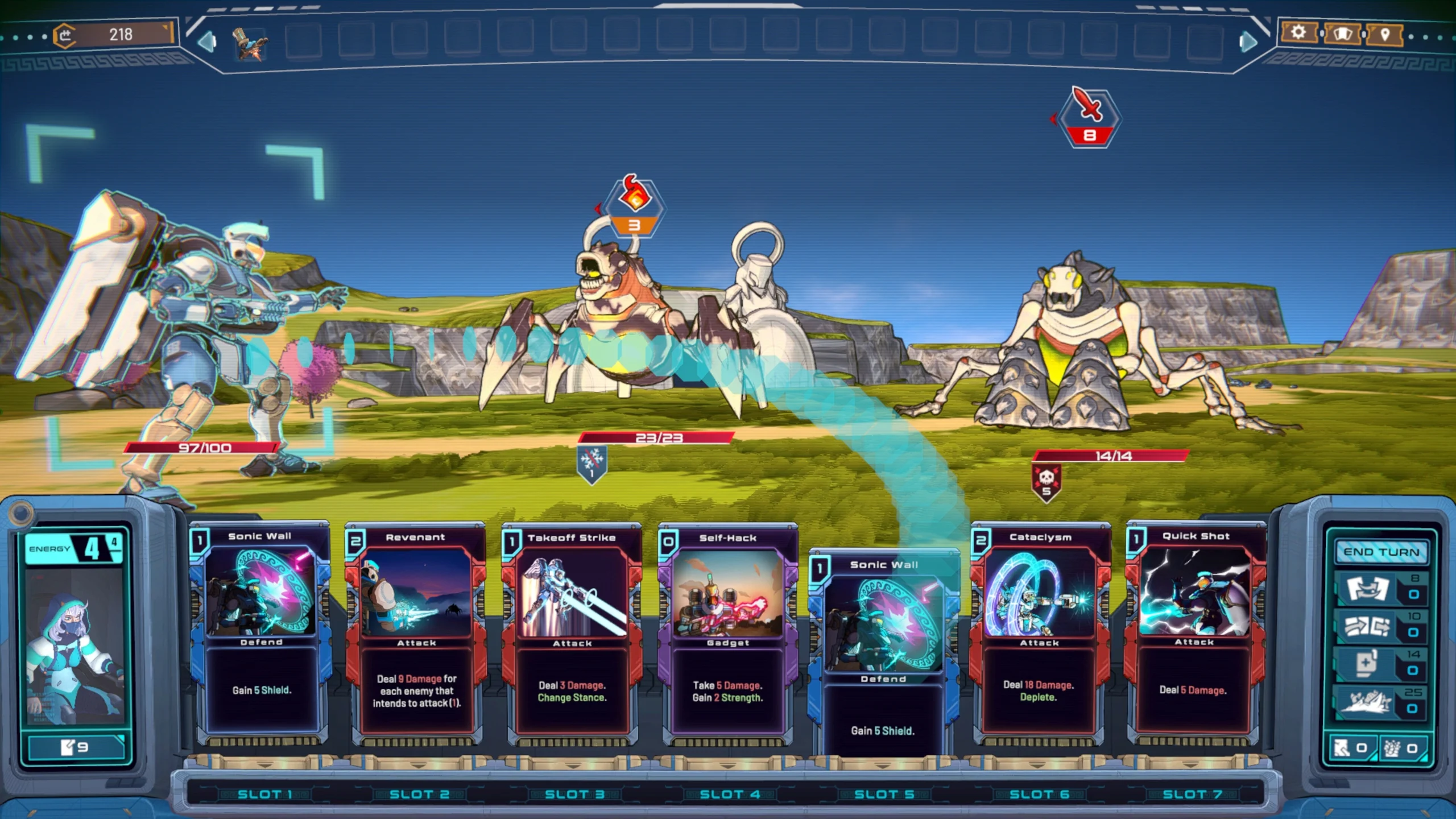 Mechborn game battle scene showing mechs and kaiju with a deck of cards displayed at the bottom