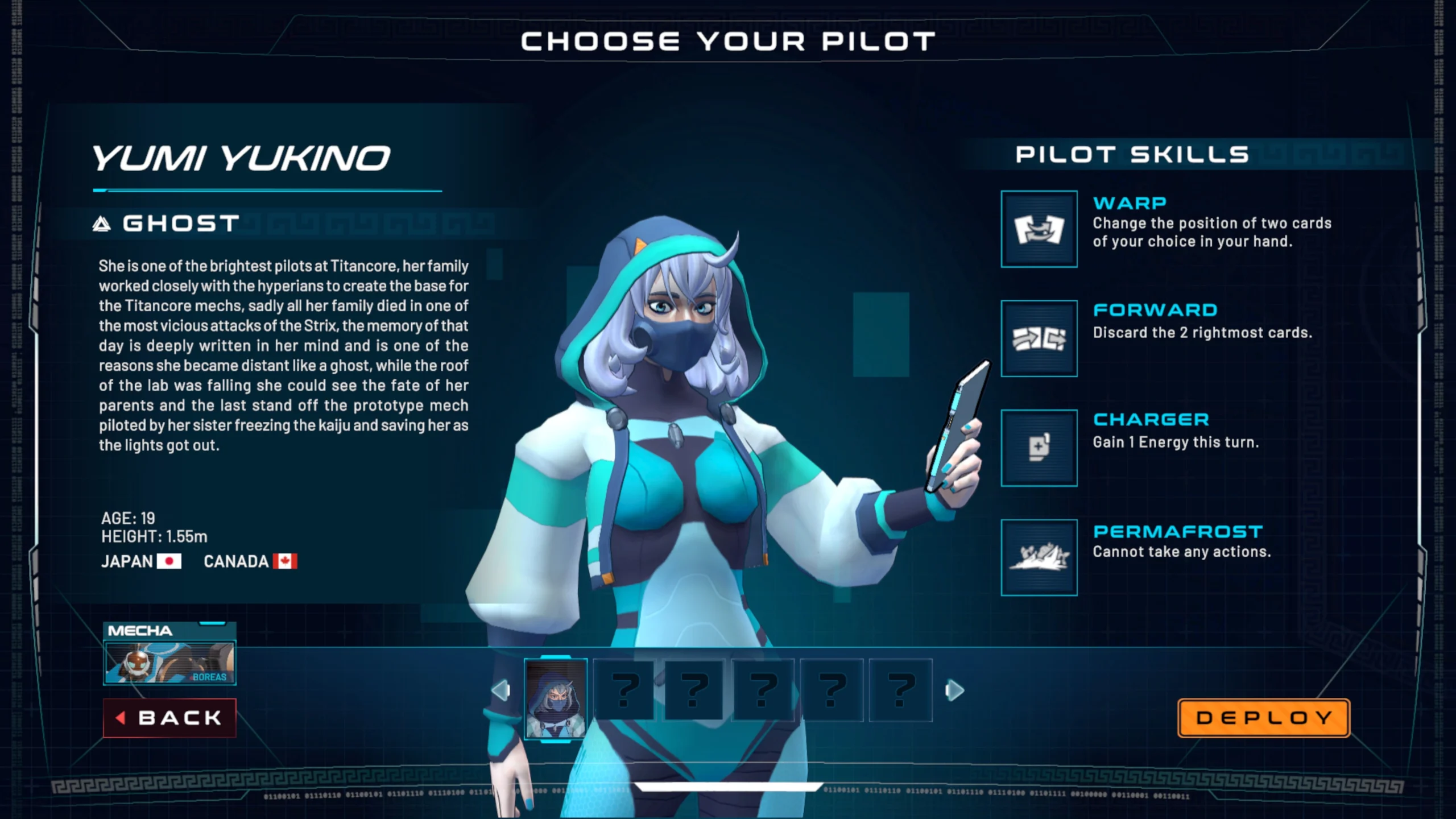 Character selection screen showing a female pilot with blue outfit, skill options, and mech details