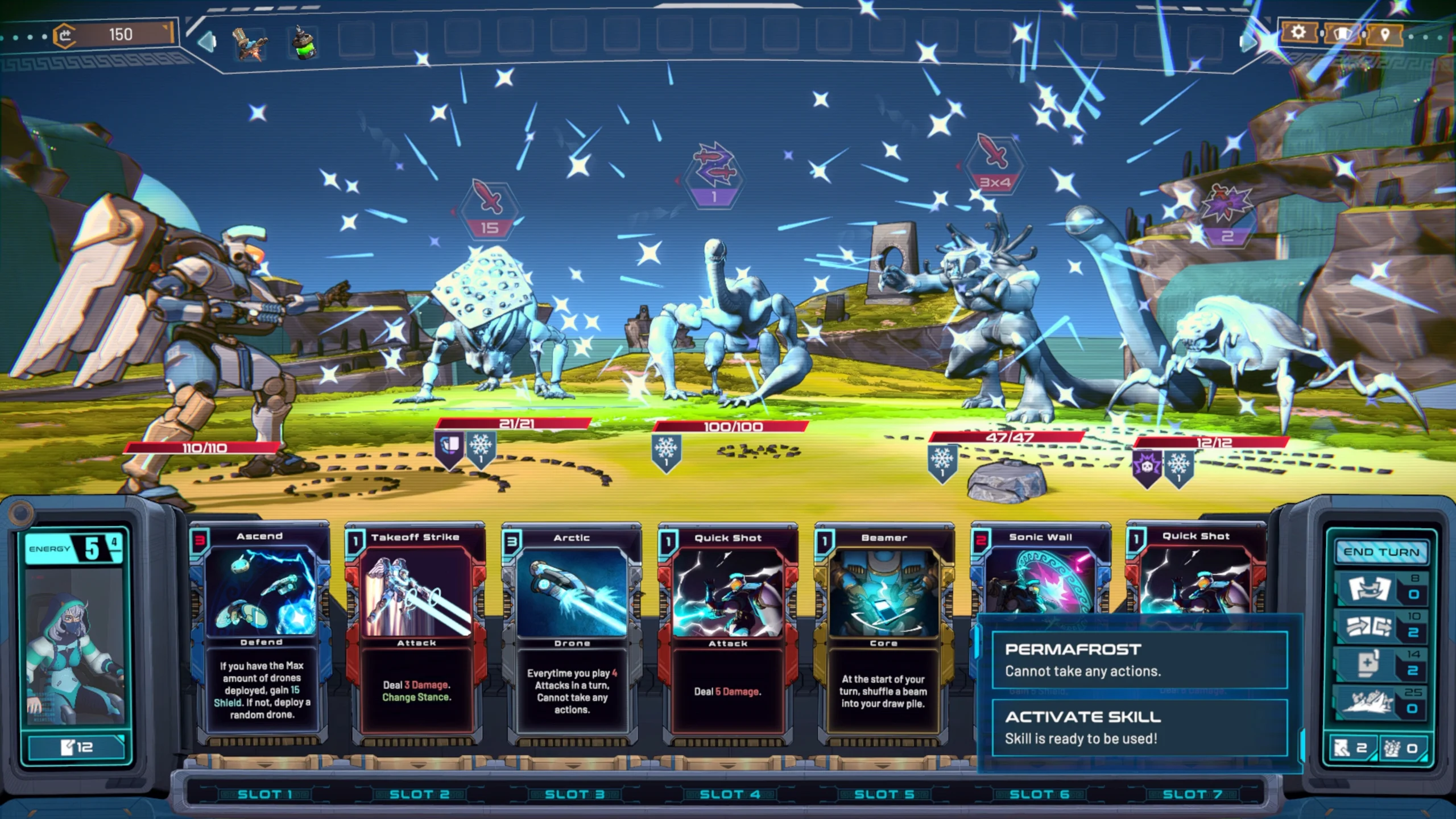 Mechborn game battle scene with mechs and kaiju, showcasing cards and player interface in action
