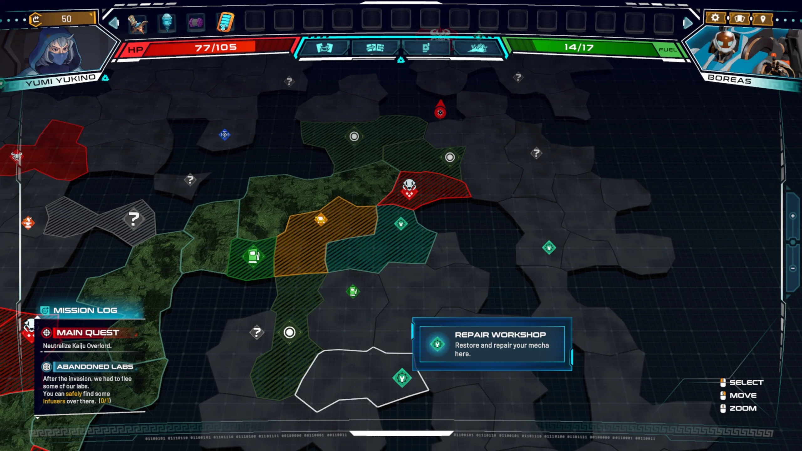 Strategic game map interface showing territories, mission log, and repair workshop notification