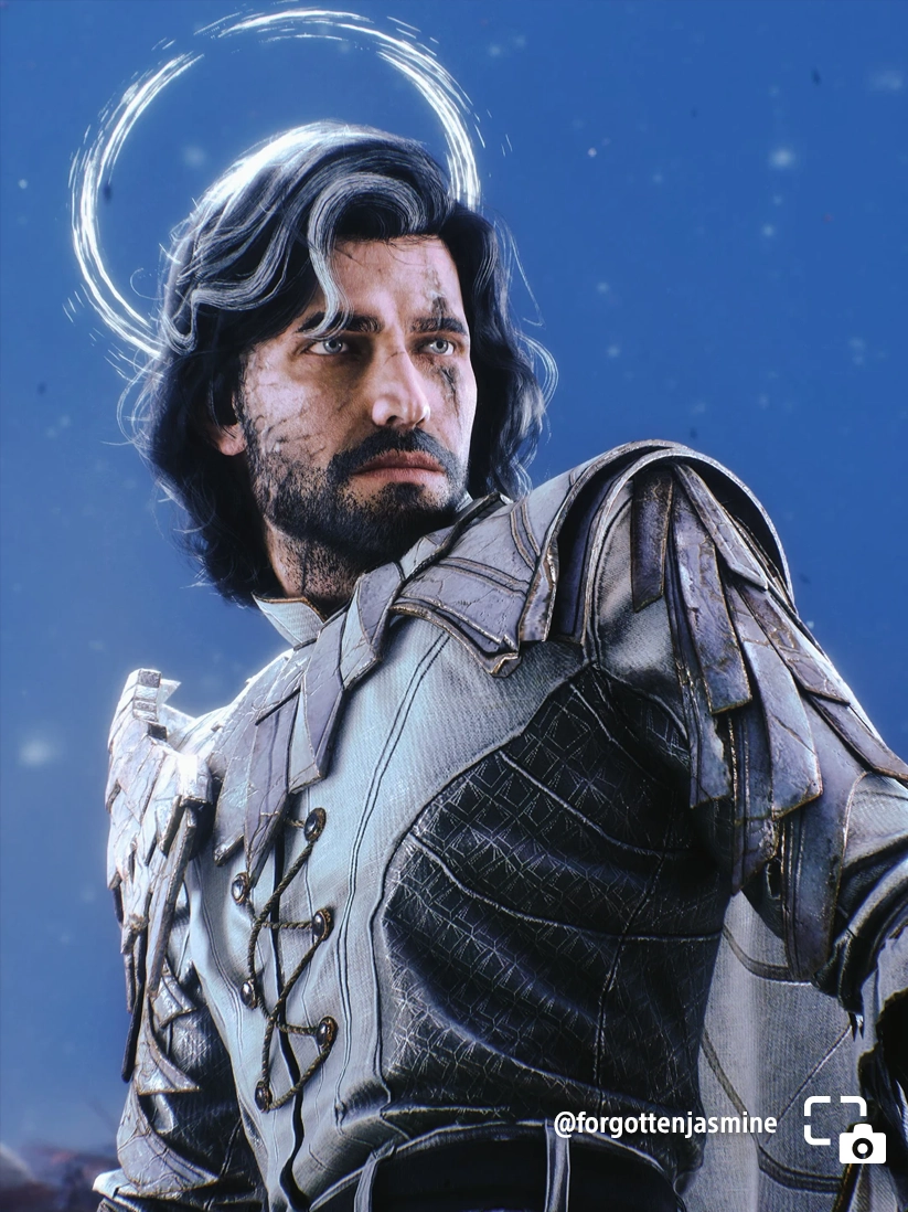 Verso with a glowing halo, wearing detailed armor, gazes into the distance against a blue backdrop