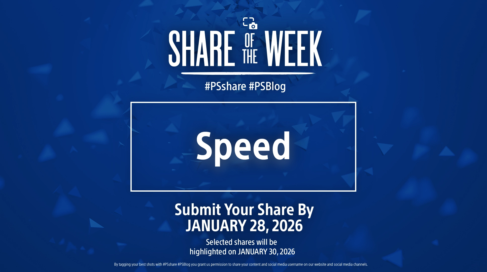 Blue Share of the Week graphic with "Speed" theme, submission deadline January 28, 2026
