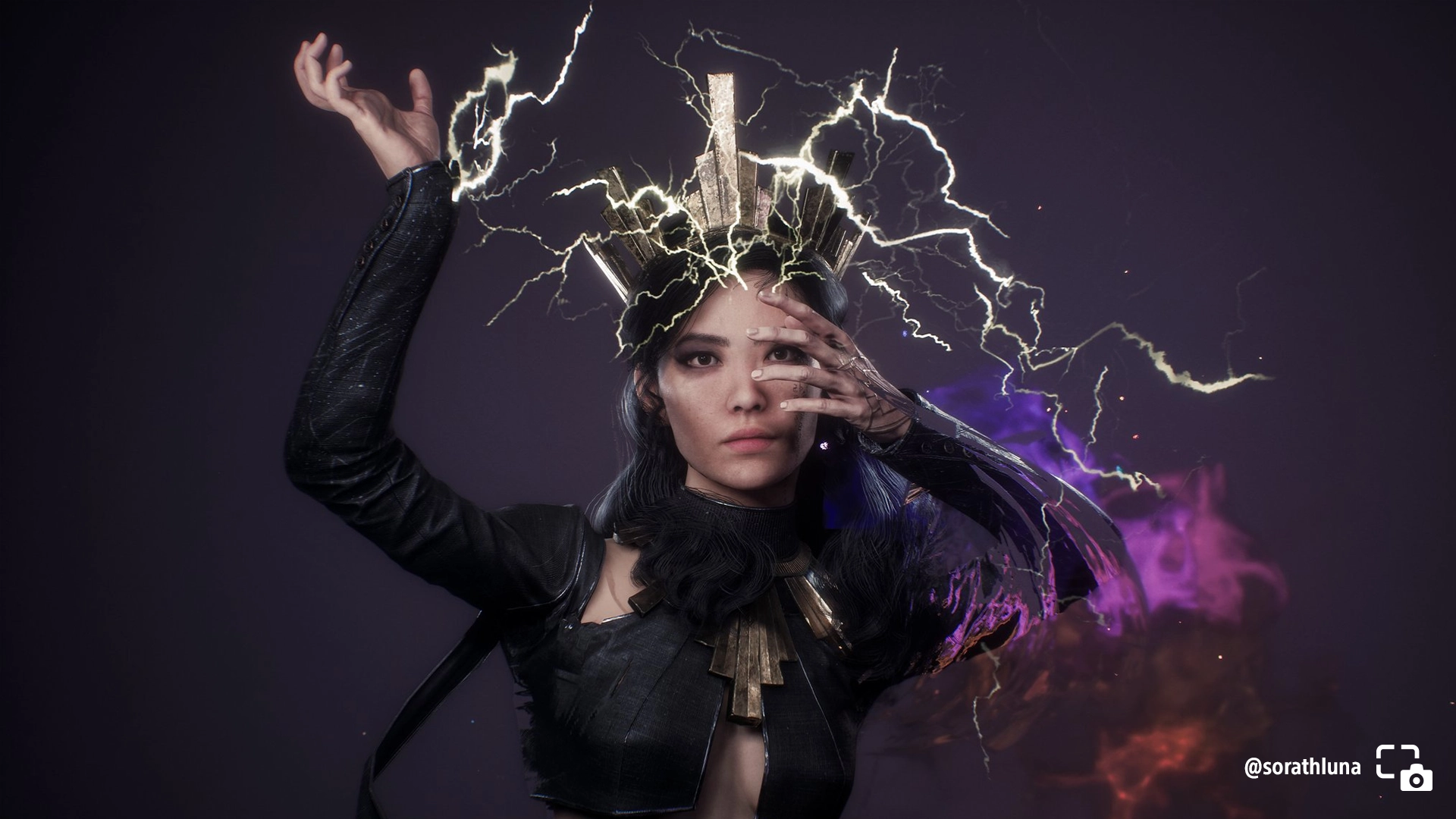 Lune from Clair Obscur: Expedition 33 conjures lightning in a detailed crowned outfit, showcasing power
