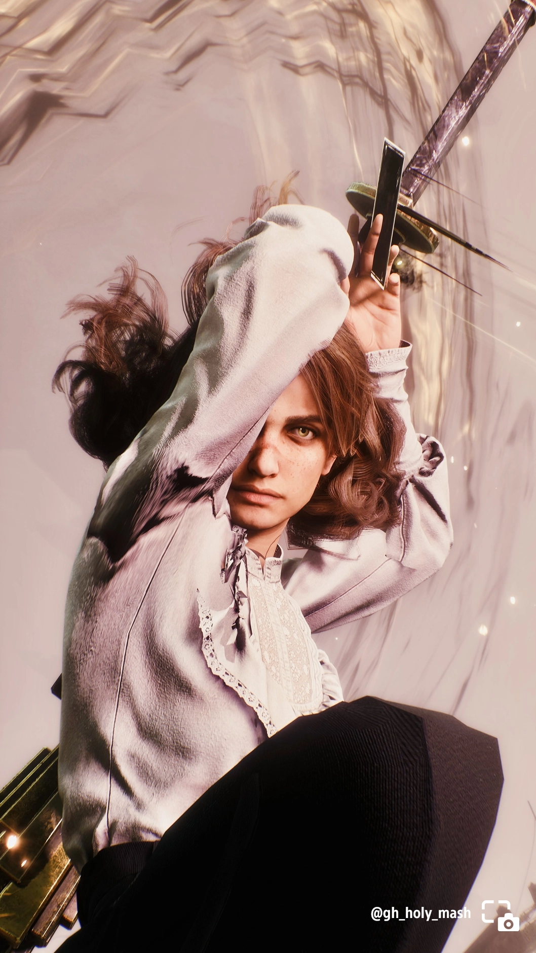 Sciel mid-attack with a determined expression, wielding a sword, hair flowing dramatically