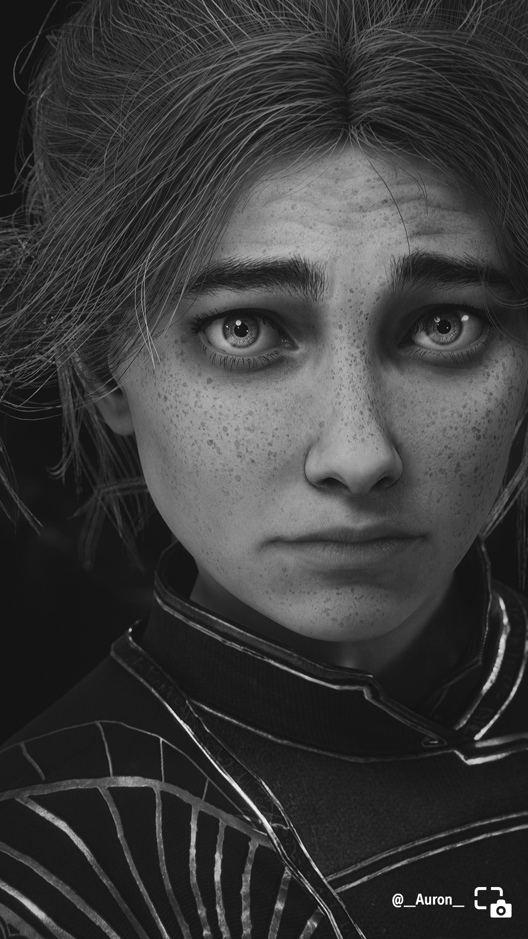 Close-up of Maelle's expressive face in black and white, showcasing detailed freckles and intense eyes