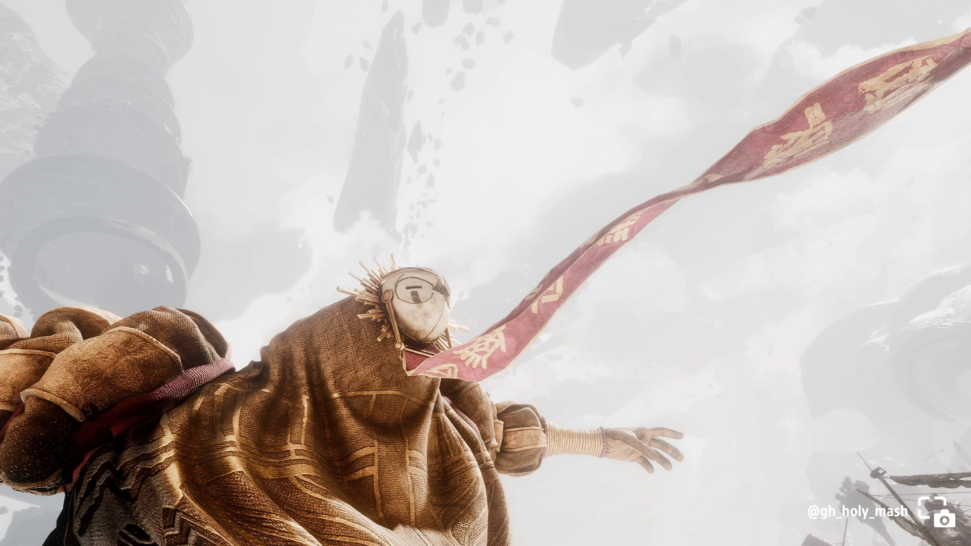 A cloaked figure with a mask floats in a cloudy sky, a red banner trailing behind them