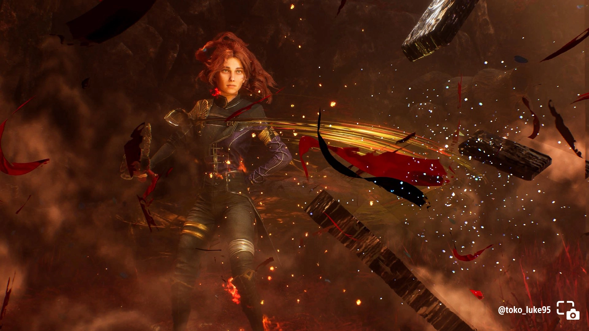 Maelle stands confidently amid swirling debris and red energy, showcasing a dynamic action pose