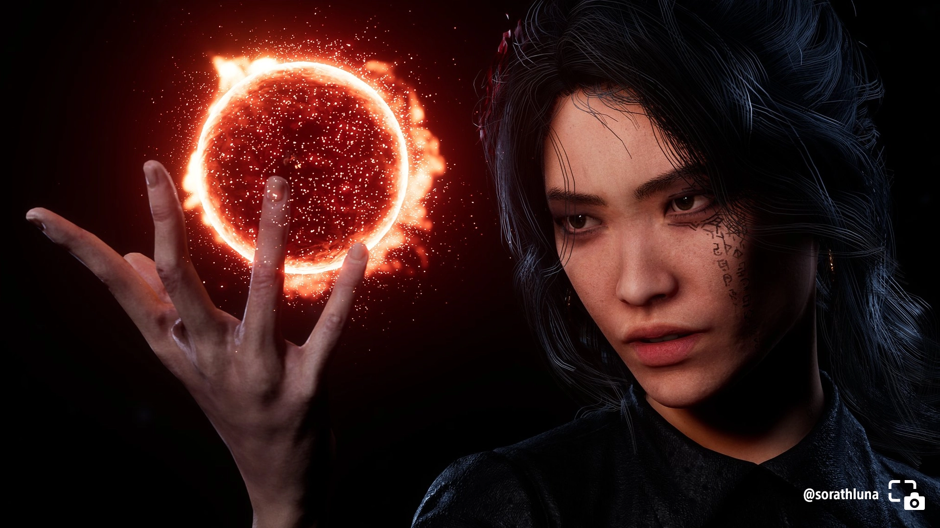 Lune wielding a glowing red elemental sphere, ready to unleash a powerful attack in Clair Obscur