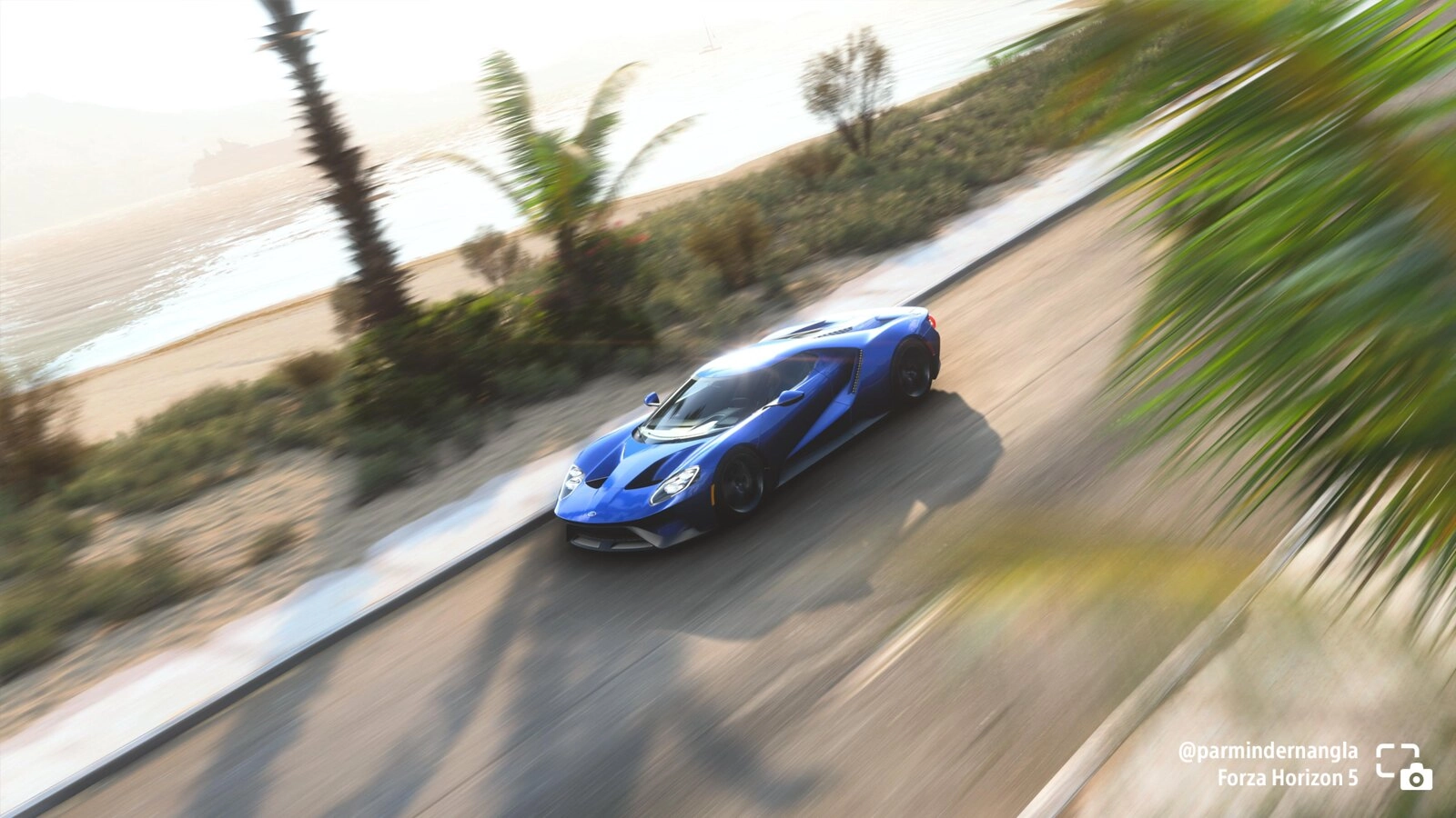 Blue Ford GT speeding along a coastal road in Forza Horizon 5, palm trees and ocean in the background
