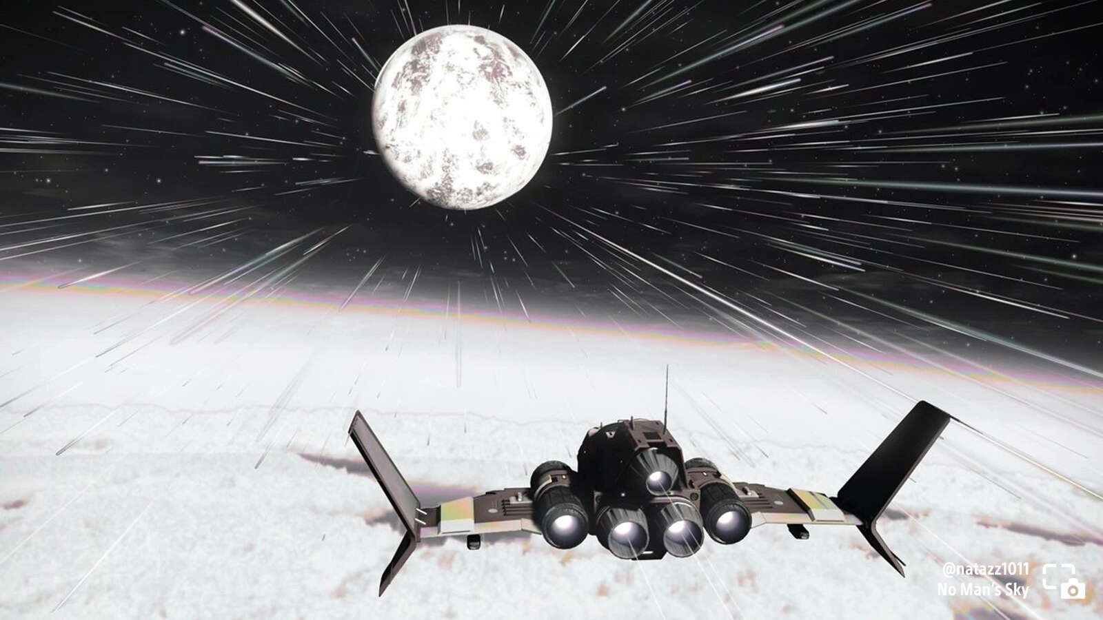 Spaceship zooming towards a bright planet in No Man’s Sky, leaving a trail of light streaks