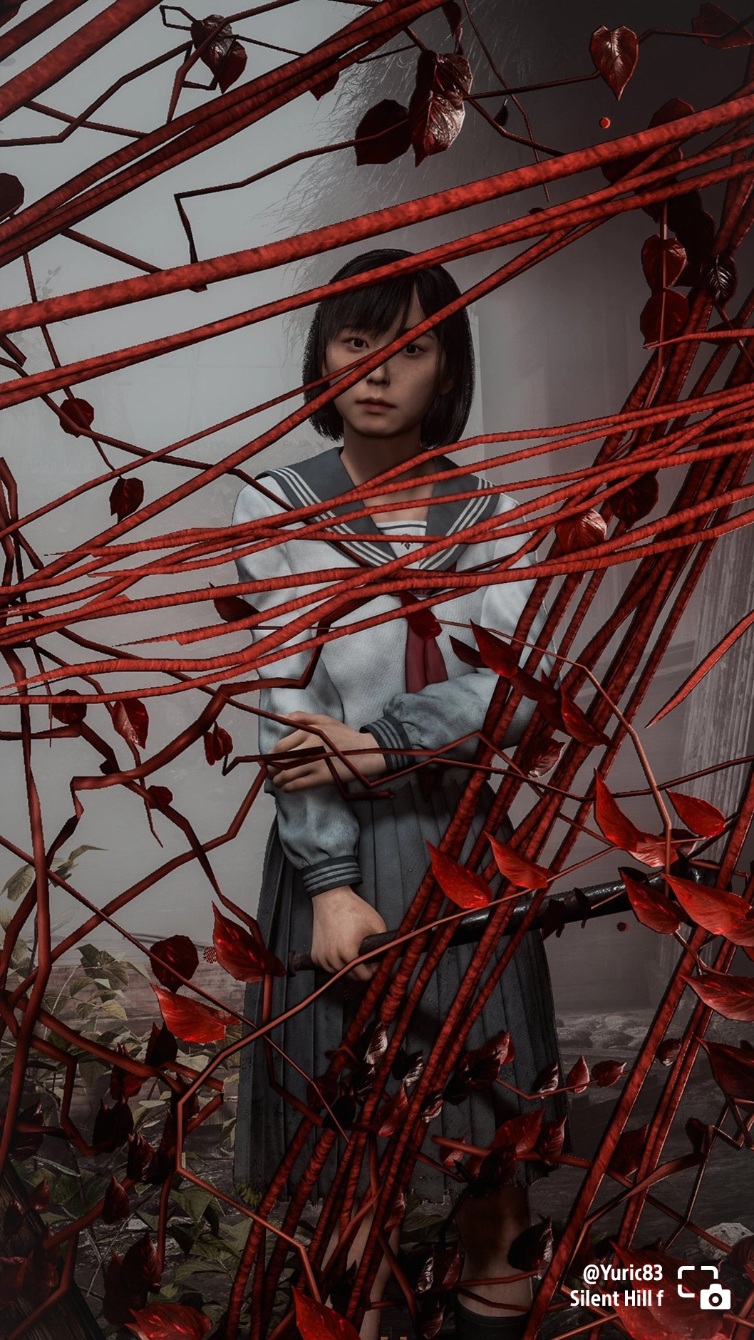 Hinako peers through vibrant red vines in a haunting scene from Silent Hill f, showcasing a blend of beauty and tension.