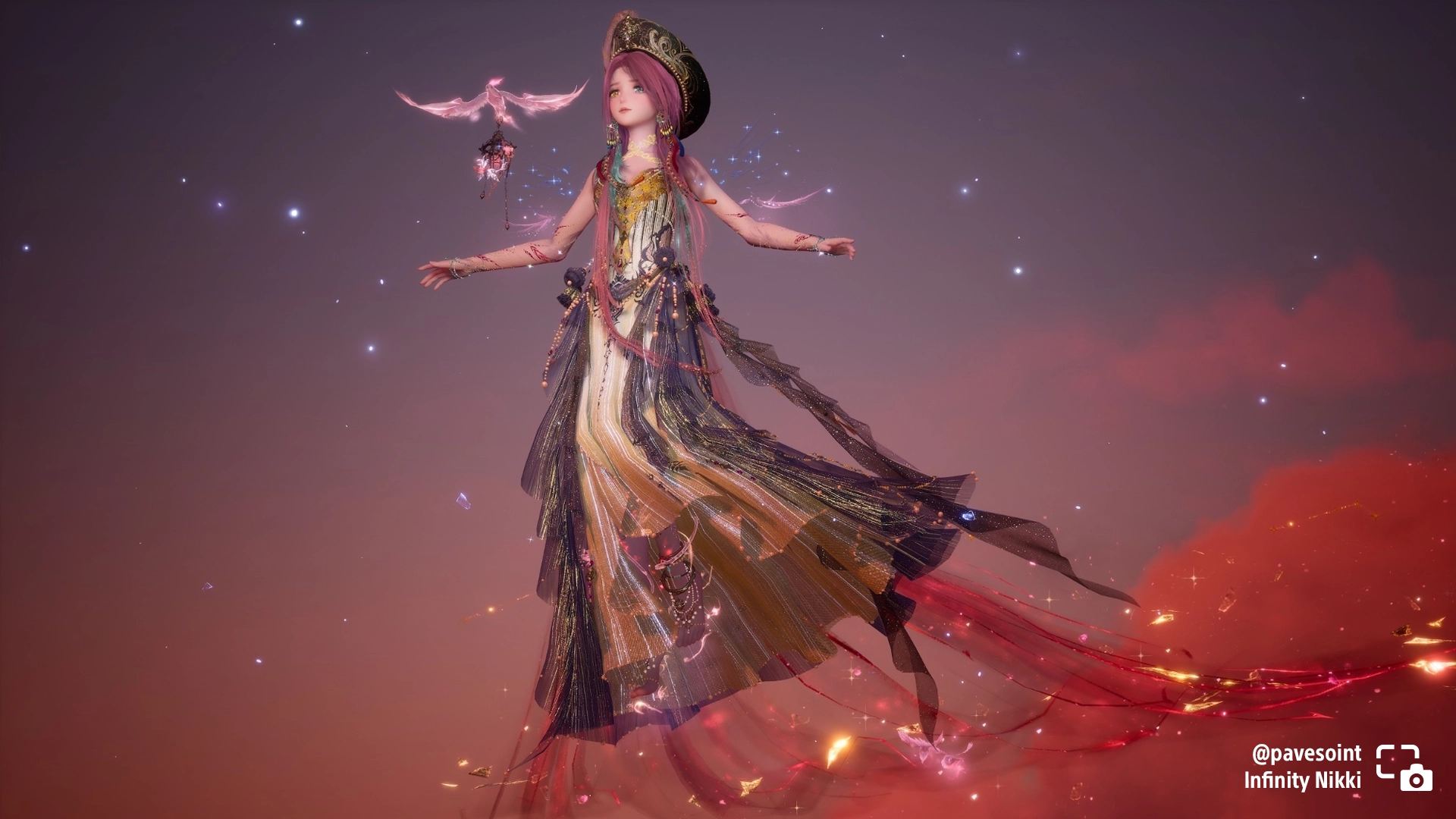 A stunning character from Infinity Nikki beams in a colorful outfit against a cosmic backdrop. #PSshare #PSBlog