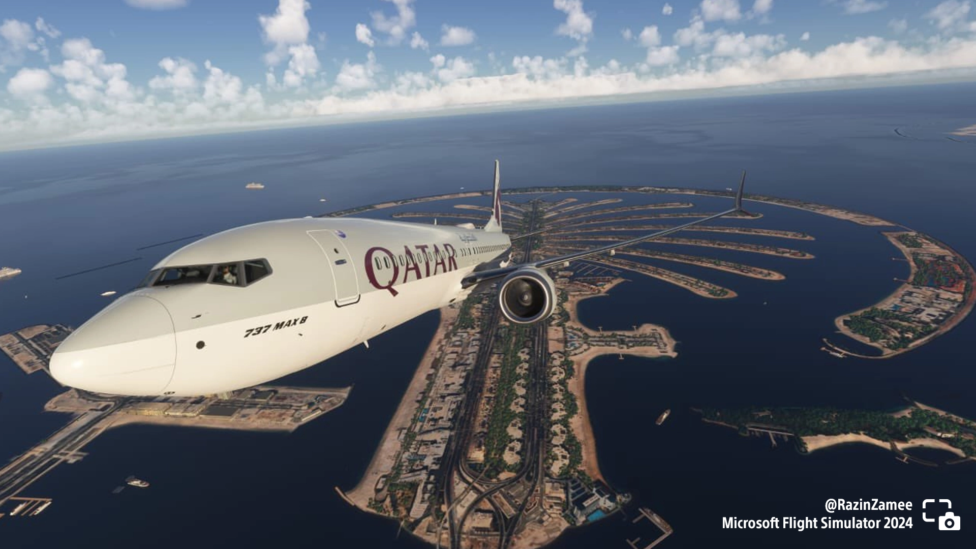 Stunning aerial shot of a Qatar Airlines plane taking off from an island in Microsoft Flight Simulator 2024.