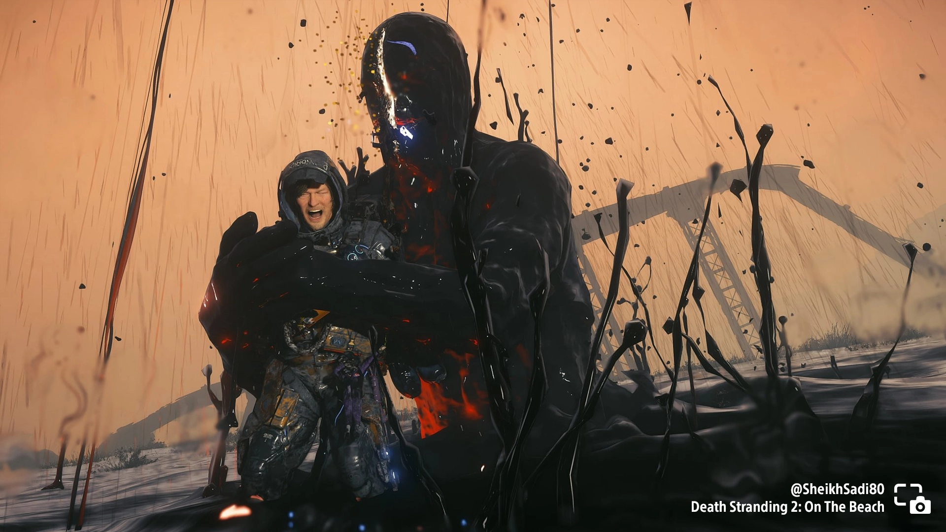 Sam battles a BT in a dramatic scene from Death Stranding 2: On The Beach, showcasing intense gaming moments of 2025.