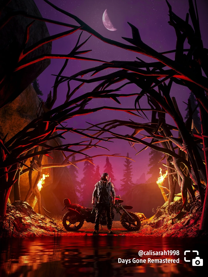 A character stands near a motorcycle in a haunting, lit forest scene from Days Gone Remastered, showcasing its dramatic at...