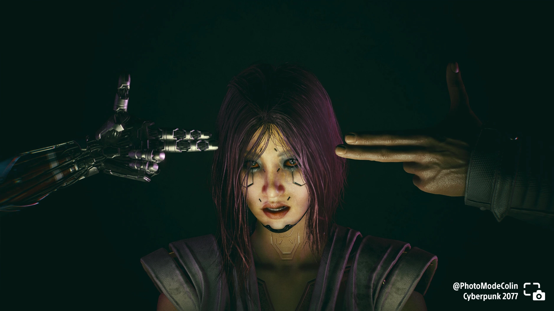 A character in Cyberpunk 2077 faces a tense moment, highlighting intense emotions and futuristic design. #PSshare #PSBlog