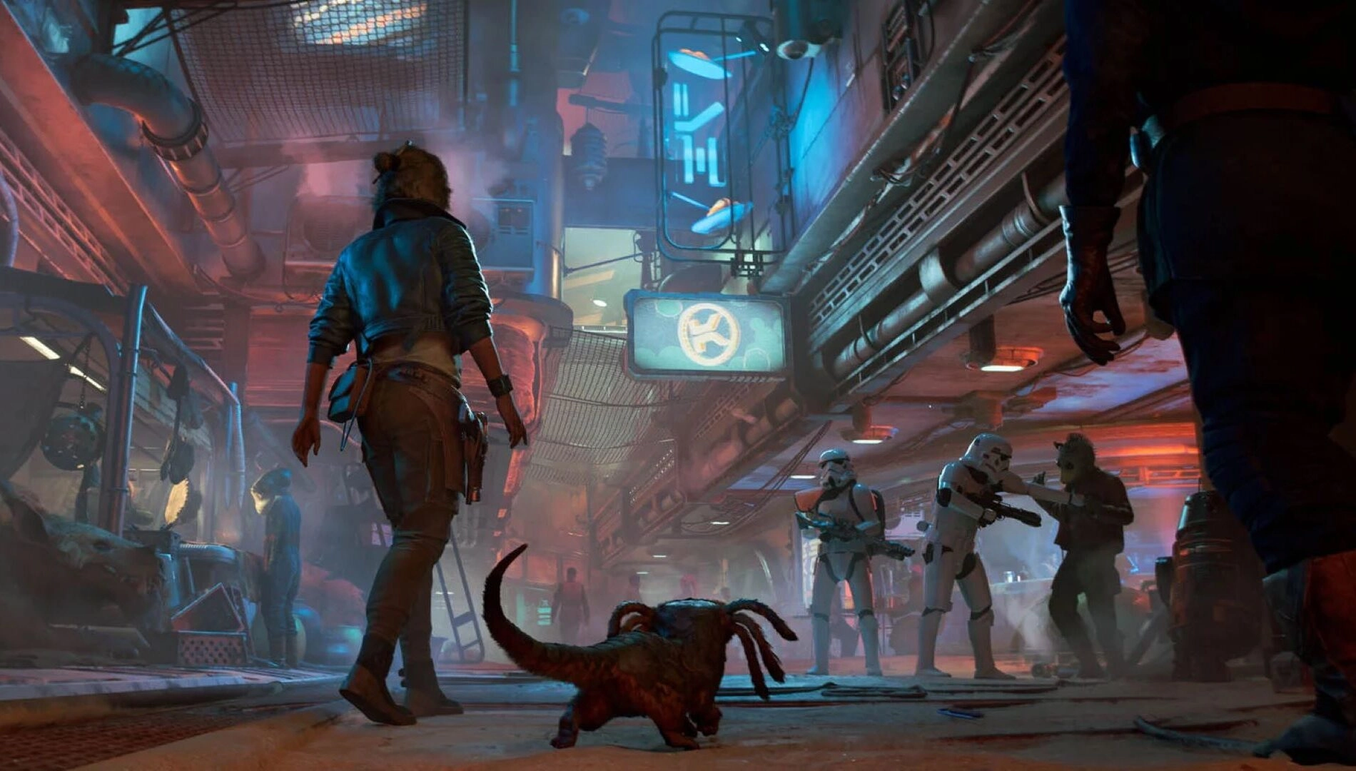 A character with a blaster in a neon-lit alley faces stormtroopers, highlighting Star Wars Outlaws' gritty setting