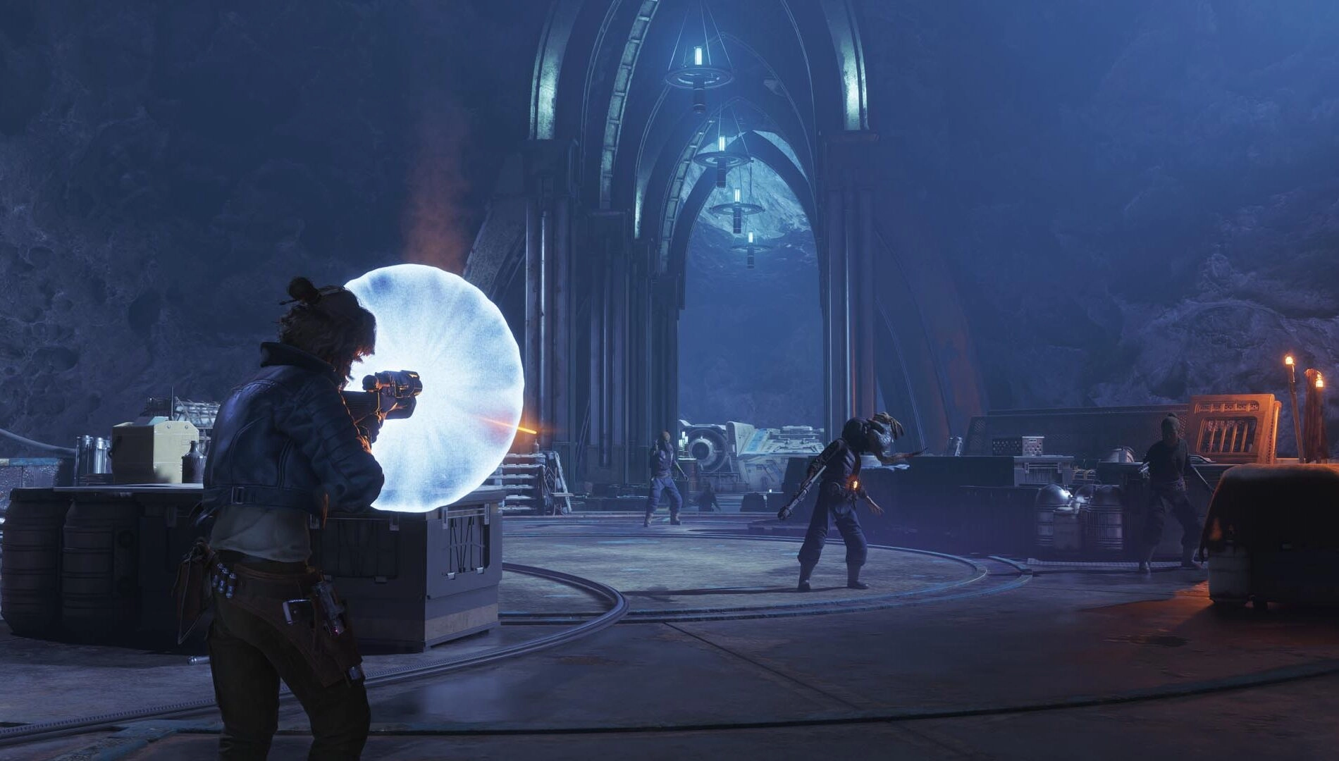 Characters engage in combat in a dimly lit, futuristic setting, highlighting Star Wars Outlaws' dark themes