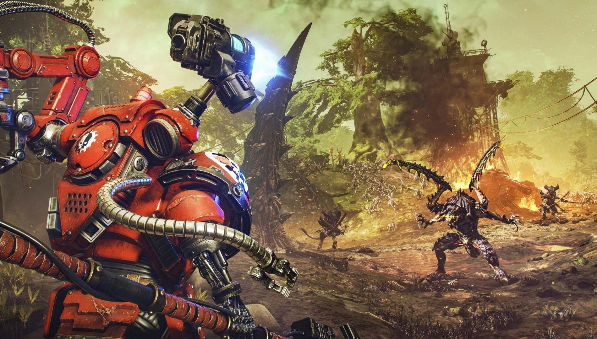 Techmarine in red armor with mechanical arms and turret, battling alien creature in a forested warzone