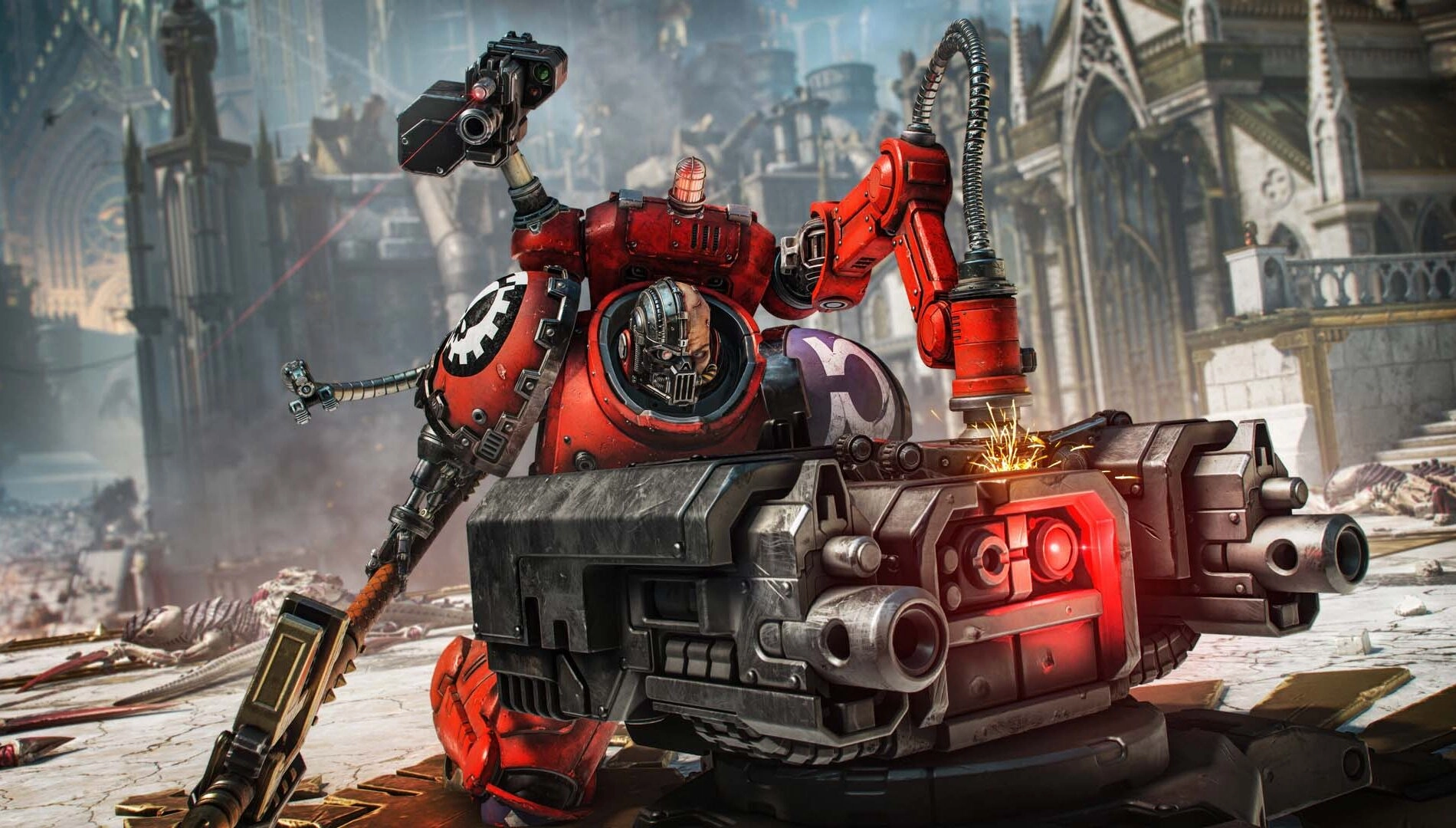 Techmarine in red armor operates a turret in a war-torn city, showcasing mechanical arms and weaponry
