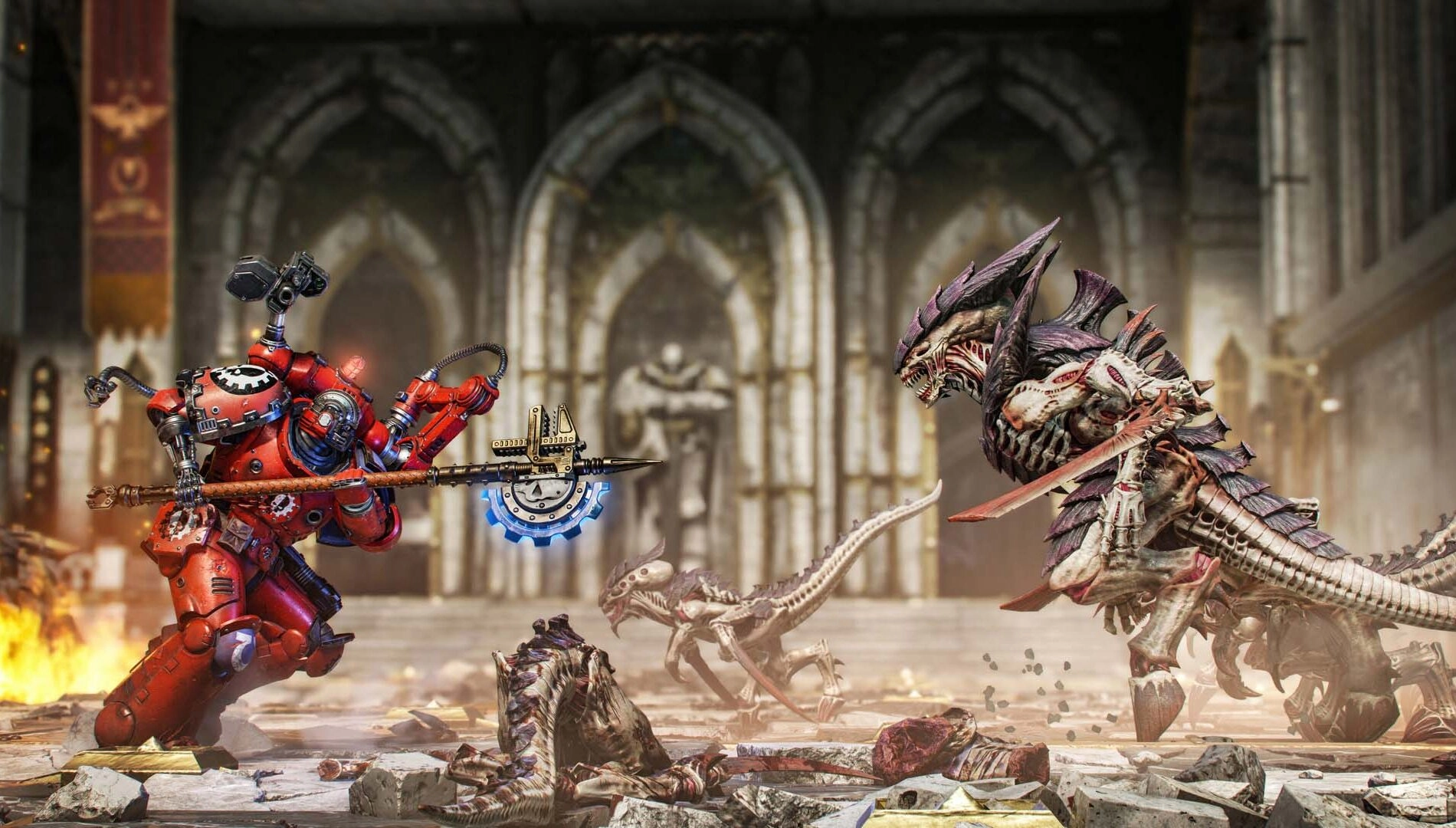 Techmarine with Omnissian Axe battles alien creatures in a cathedral, showcasing Space Marine 2 gameplay