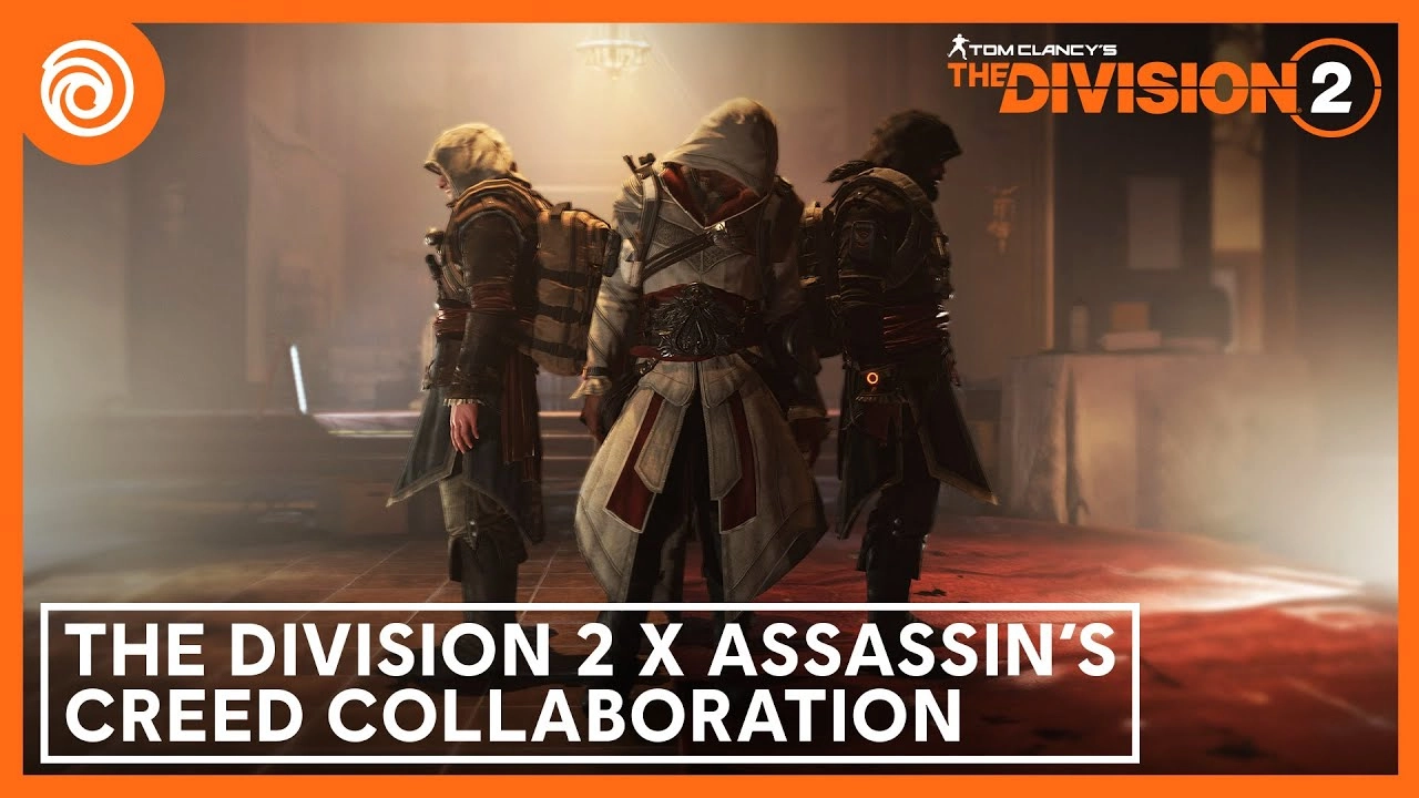 Three characters in Assassin's Creed outfits stand in a dimly lit room, promoting The Division 2 event
