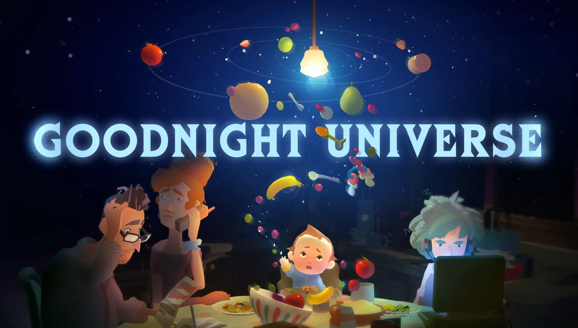 Goodnight Universe game artwork featuring a whimsical scene of a family at a table with floating fruits and cosmic elements.