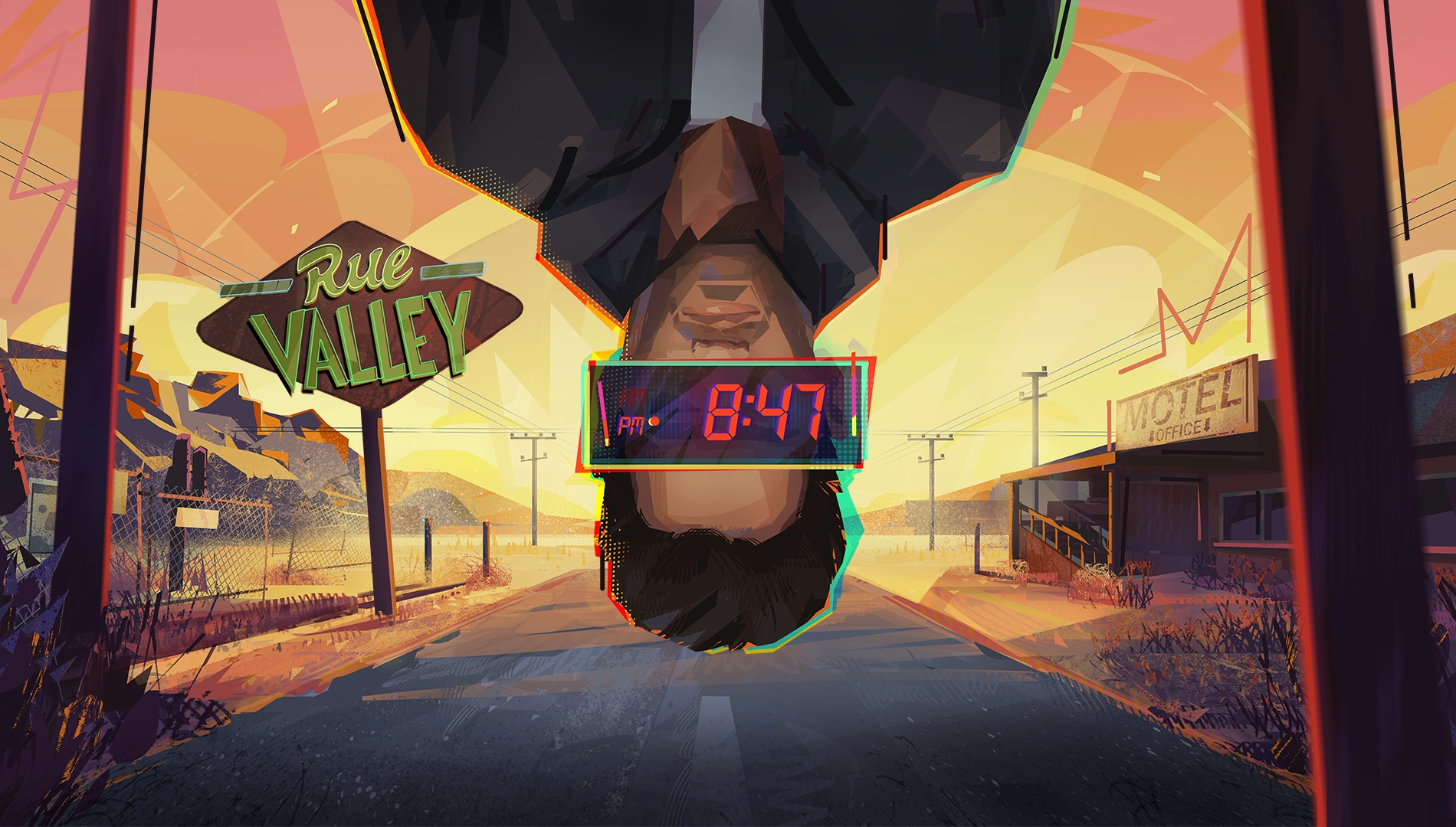 Street scene from Rue Valley featuring a character with a digital clock, capturing the indie game