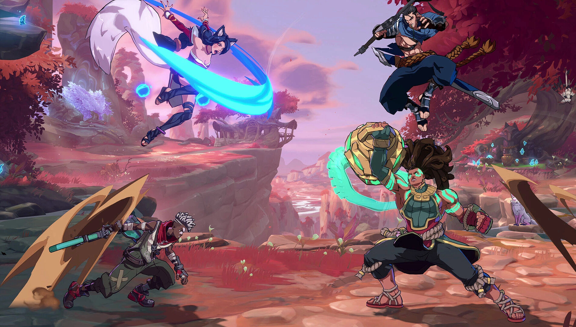 Four champions engage in a dynamic 2v2 battle in a vibrant, colorful landscape from 2XKO game