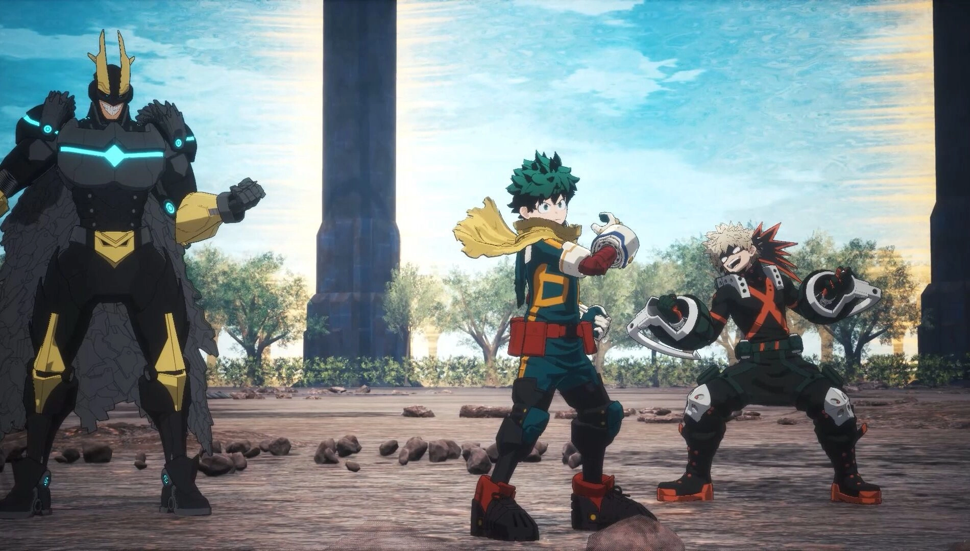 Three characters from My Hero Academia prepare for a 3v3 Quirk battle in a rocky, open arena setting